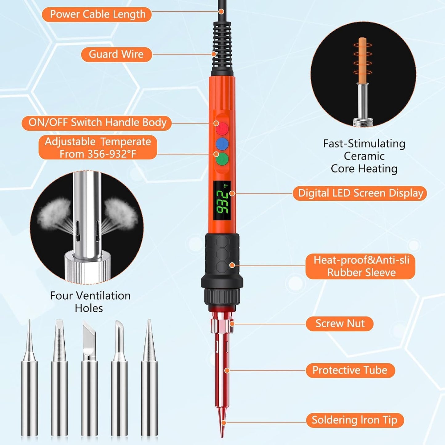 Soldering Iron Kit, 120W LED Digital Advanced Solder Iron Soldering Gun kit, 110V Welding Tools, Smart Temperature Control [356℉-932℉], Extra 5pcs Tips, Auto Sleep, Temp Calibration, Orange