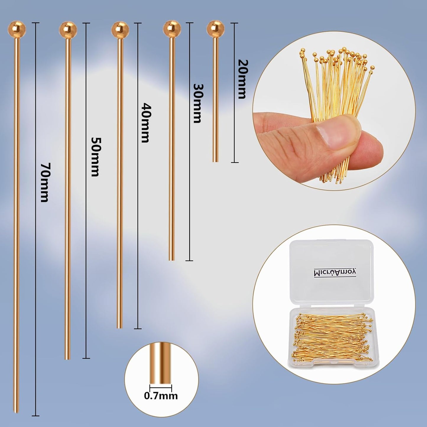 100pcs 18K Gold Filled Ball Pins Non Tarnish Craft Earring Bracelet Jewelry Making Accessories Supplies (70mm (2.75in), Gold-Ball Pin)