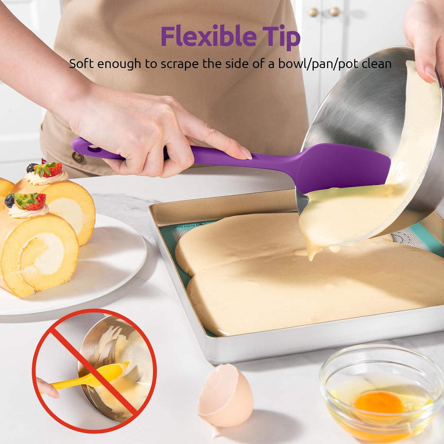 U-Taste Silicone Spatula Set: 600ºF High Heat Resistant, Seamless Food Grade Flexible Rubber Kitchen Cooking Mixing Baking Scraper for Nonstick Cookware Set of 3 (Purple)