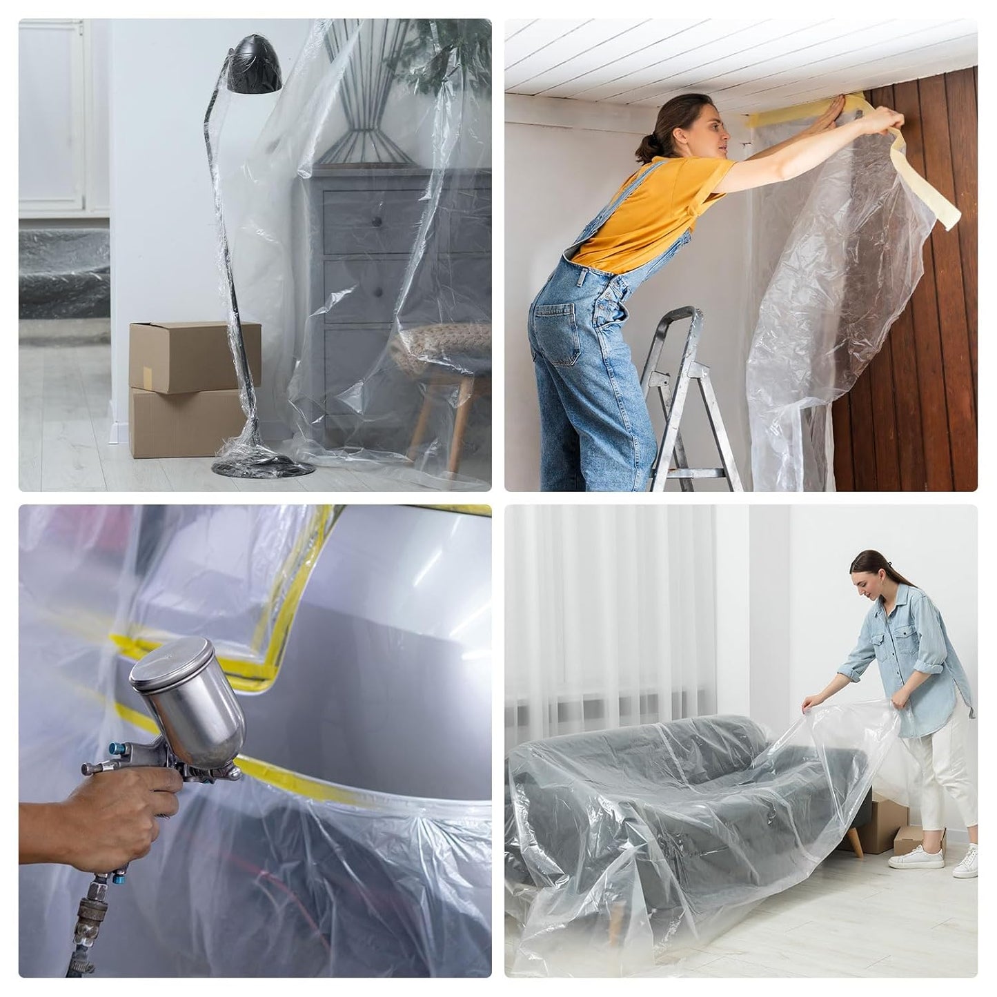 HARFINGTON Pre-Taped Masking Film 78.7" x65.6ft Double Adhesive Tape and Drape Painters Plastic Drop Cloth Film with Tape Plastic Sheeting for Automotive Painting Covering