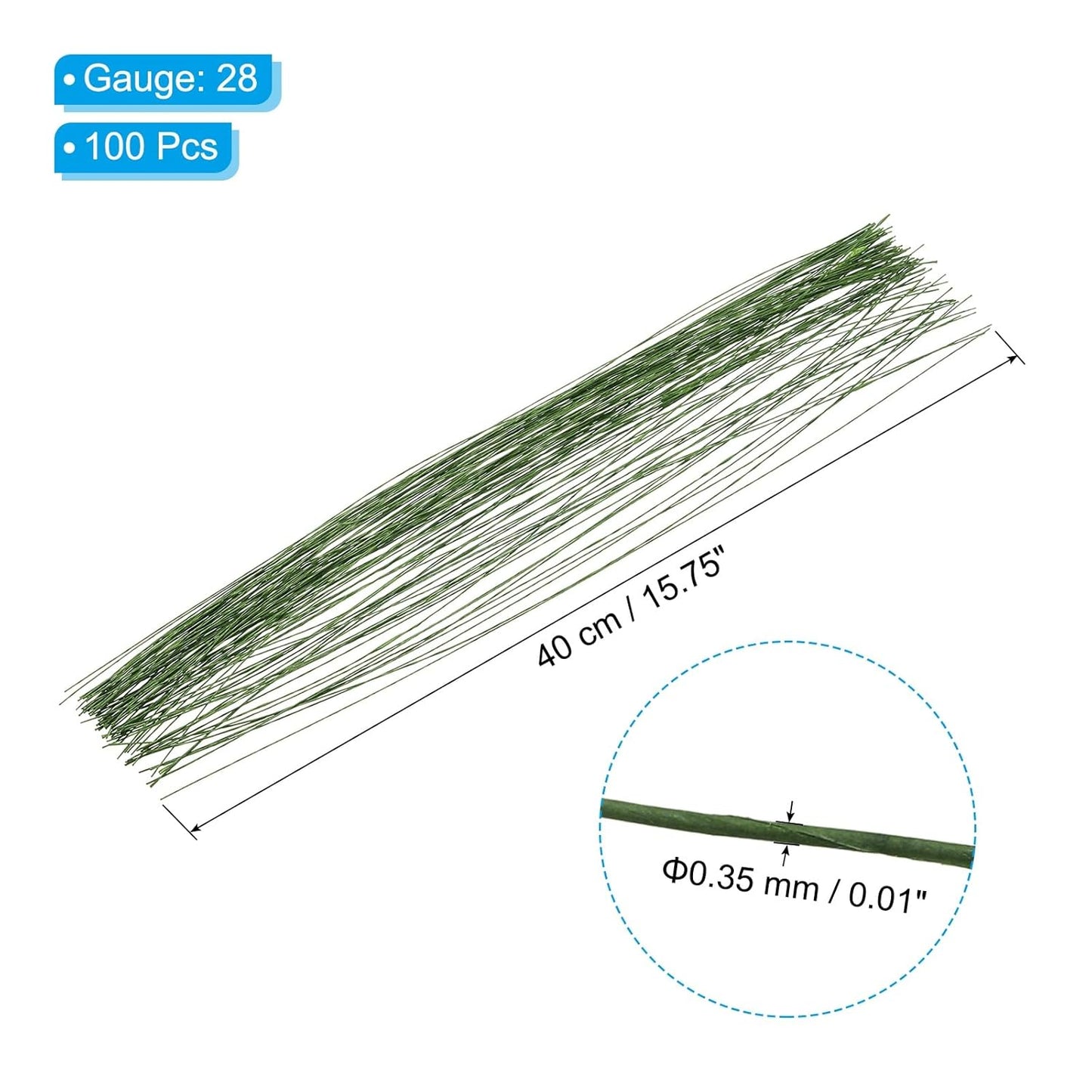 PATIKIL 28 Gauge 16" Floral Stem Wire, 100 Pcs Paper Wrapped Iron Artificial Flower Stem Accessories for DIY Bouquet Stem and Craft Decoration, Dark Green