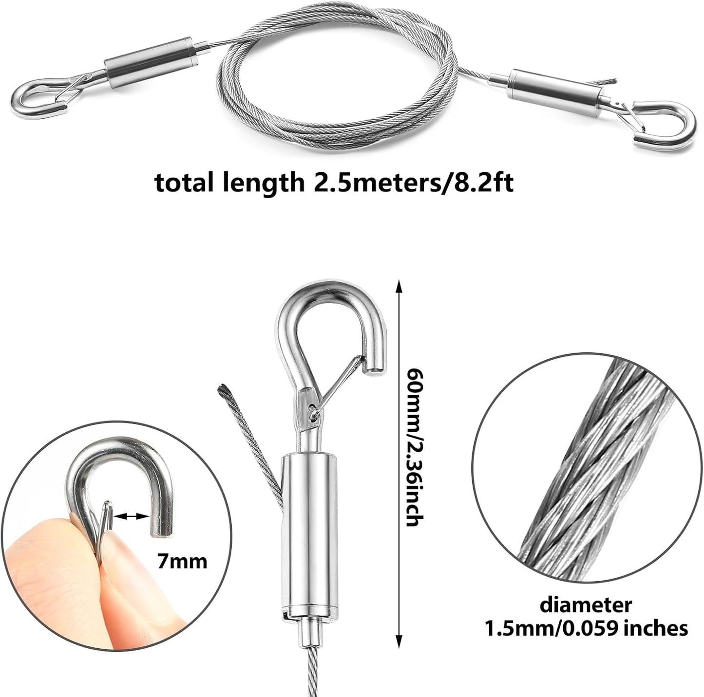 2PCS Adjustable Suspension Cable kit,Picture Hanging Wire Kit Supports 66lbs,2.5m x1.5mm Stainless Steel Wire Rope for Hanging Heavy Frame Picture Photo Mirror Artwork Pendant and exhibits