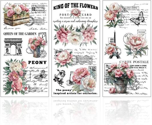 GLOBLELAND 3 Sheets Vintage Pink Peony Background Furniture Transfer 6x12inch Retro Romance Text Rub on Transfer Self-Adhesive Wall Art Decals for Bedroom Living Room Desk Table Decoration