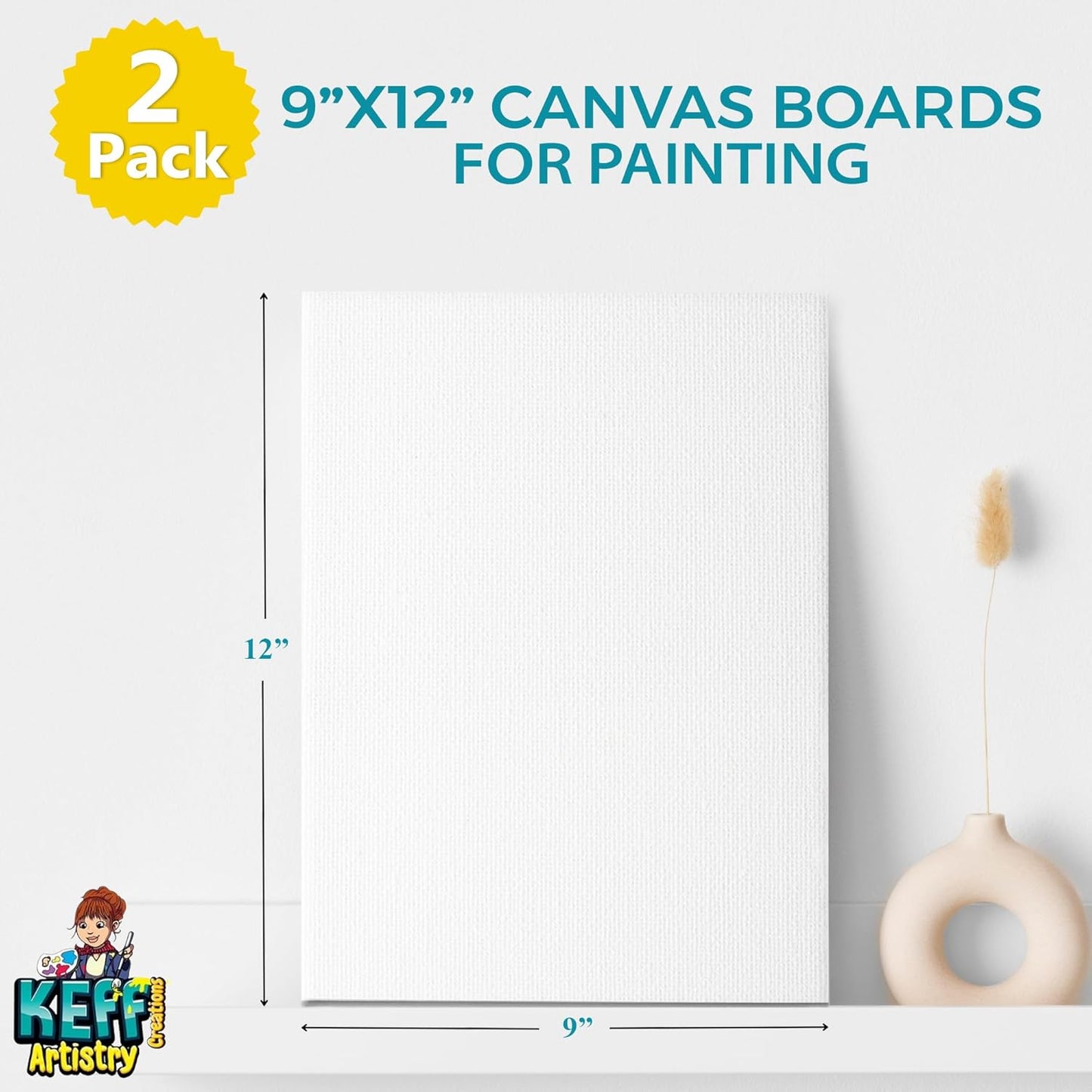 KEFF Canvas Boards for Painting - 9x12 2-Pack Bulk Canvas Panels Value Pack - 100% Cotton Triple Primed Canvases for Painting Supplies, Acrylic, Oil, Watercolor & Tempera