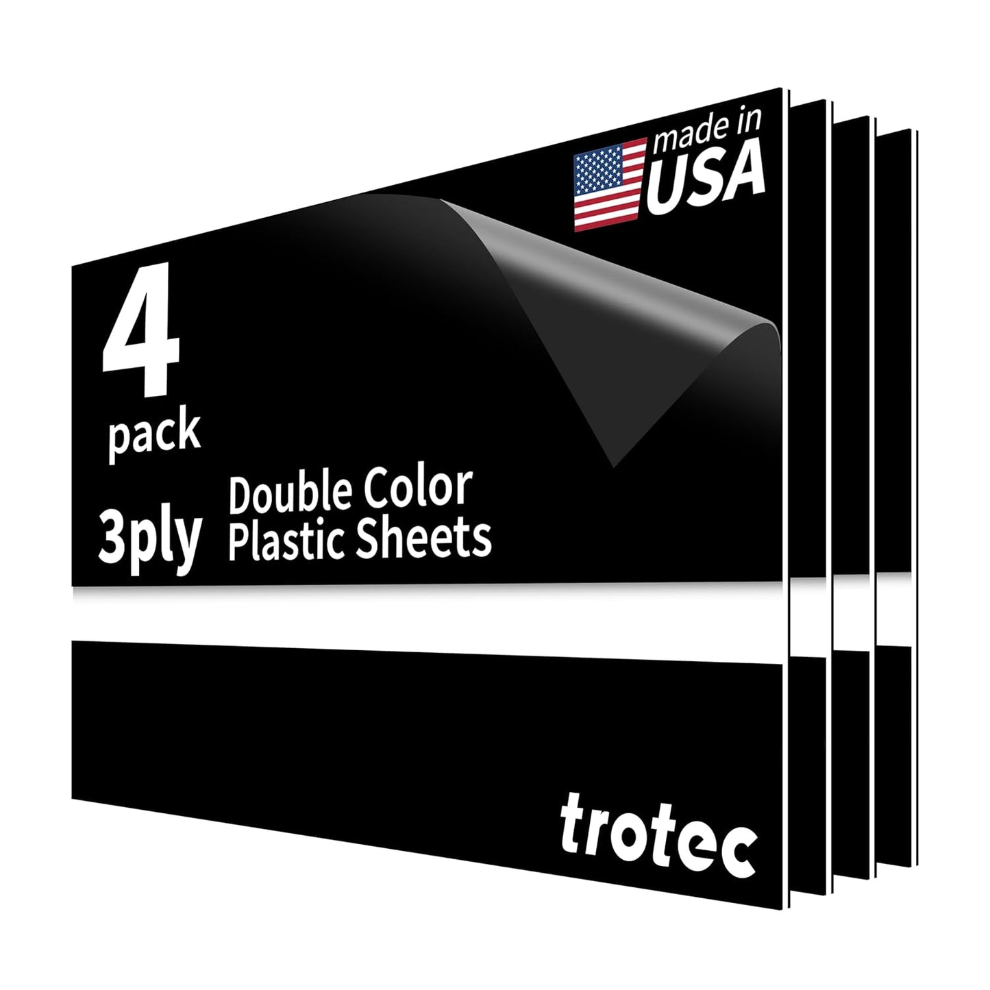 Trotec TroLase | 12"x20"x1/16", 4 Pcs | Black/White/Black | 3 Ply | Modified Acrylic | Laser Engraving Double Color Plastic Sheet | Engraving Blanks for Laser, Saw, Guillotine | Made in USA