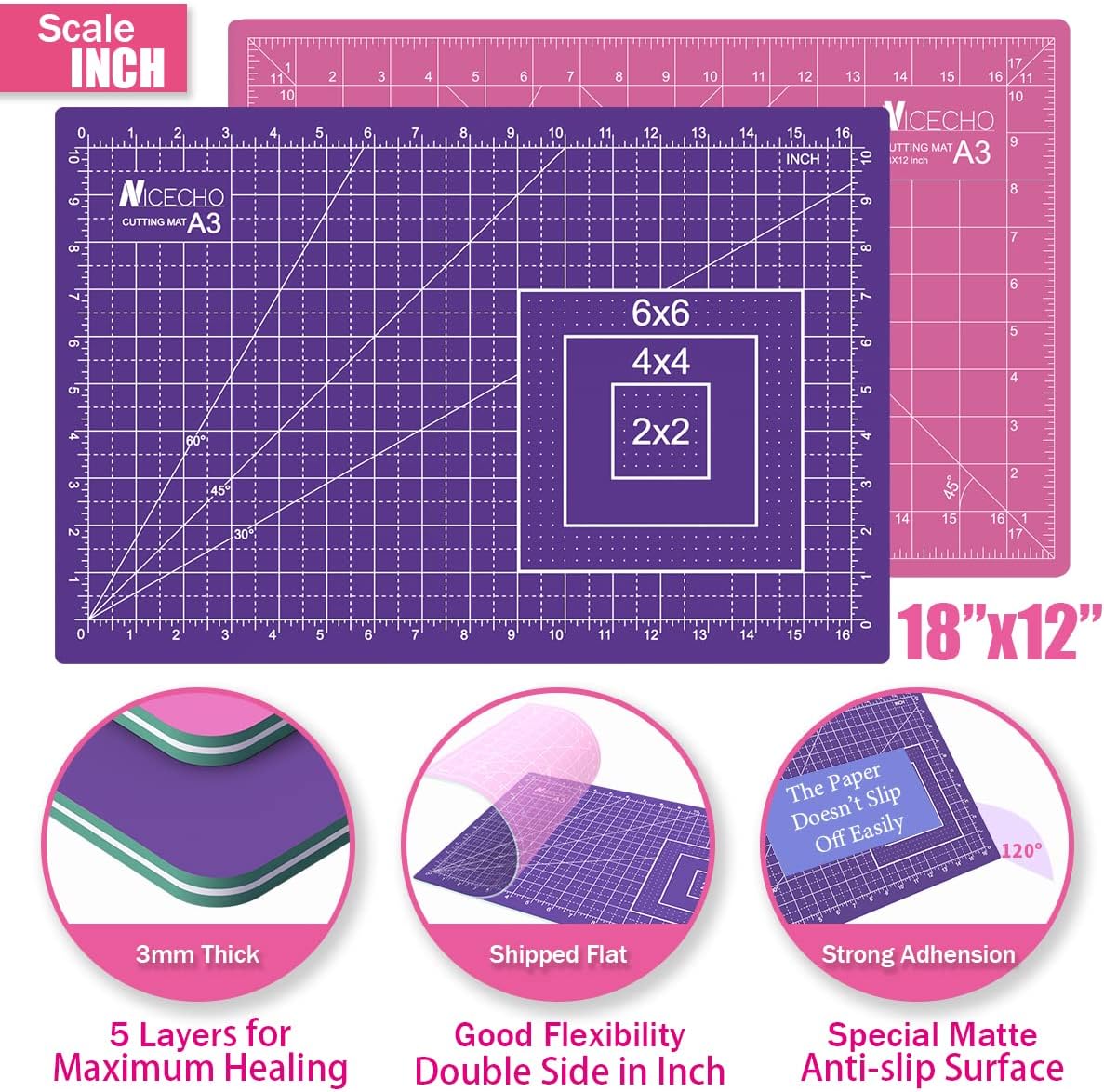 Rotary Cutter Set,Nicecho Sewing Quilting Supplies,45mm & 28 mm Fabric Cutters,8 Rotary Cutter Blades,A3 Cutting Mat for Sewing,6x12 & 2.5x12 In Quilting Rulers,Ideal Quilt kits for Lovers & Beginners