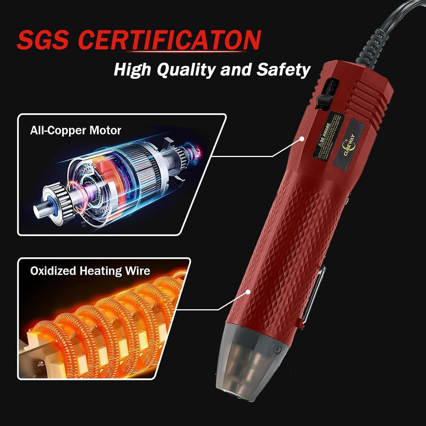 Mini Heat Gun 350W, 2-Temp Settings 392°F & 662°F,Fast Heat Hot Air Gun Tool with 2 Reflector Nozzle and and 6.56Ft Long Cable for Crafting, Vinyl Wrap and Shrink Tubing