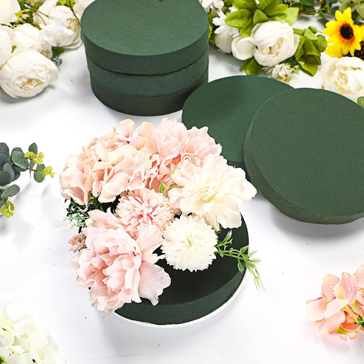 Frienda 6 Pieces Floral Foam Blocks for Artificial Flowers,Thanksgiving Christmas Party Supplies, Dry & Wet Floral Foam Round Kit for Flower Arrangement Wedding Decoration(8 x 1.57 Inch)