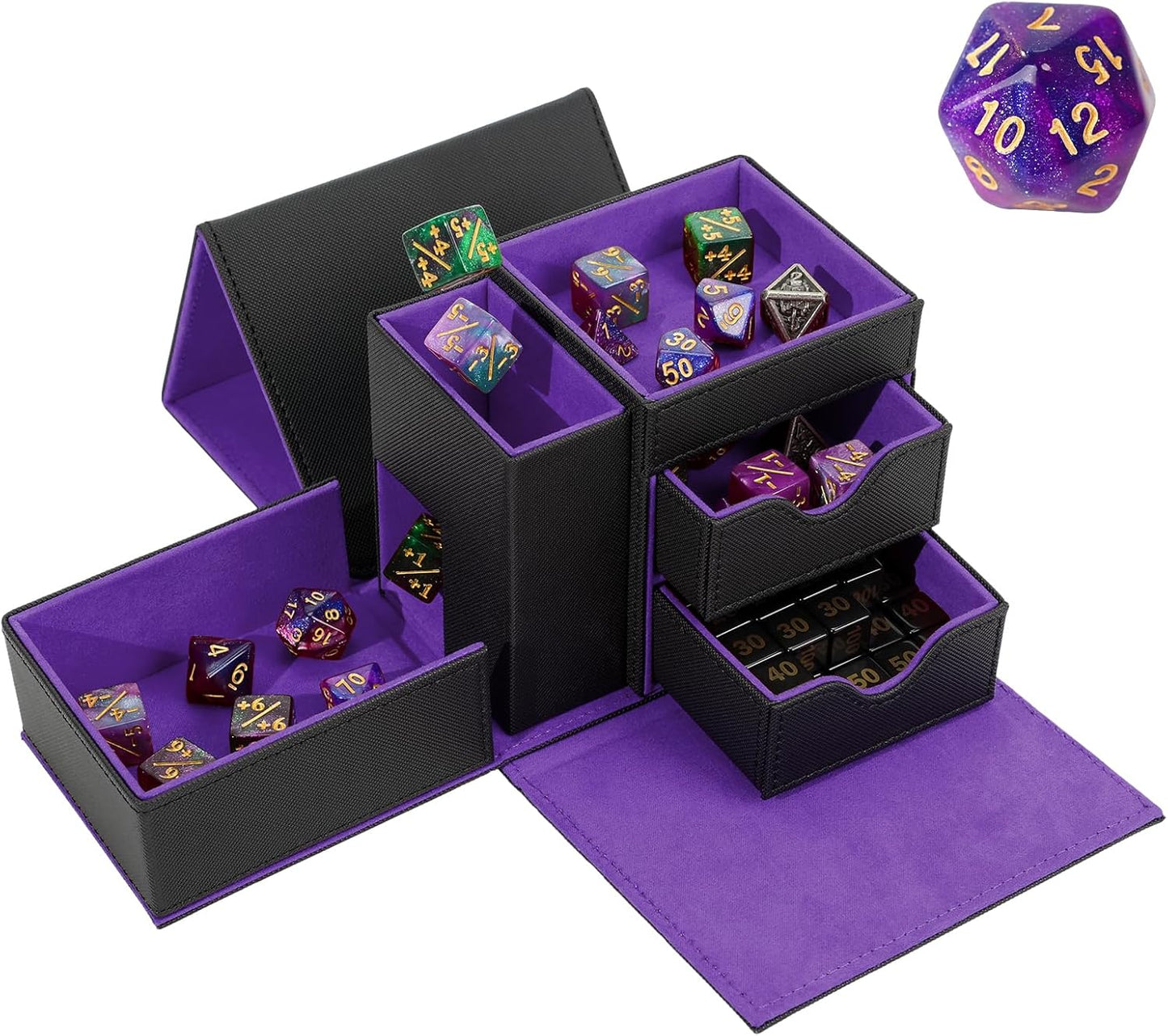 Leather Dice Tray & Tower Storage Box, 3 in 1 Dice Holder Case (Rolling Tray, Tower, Storage Drawers), Magnetic Closure DND Accessories Gifts for RPG MTG, Black/Violet