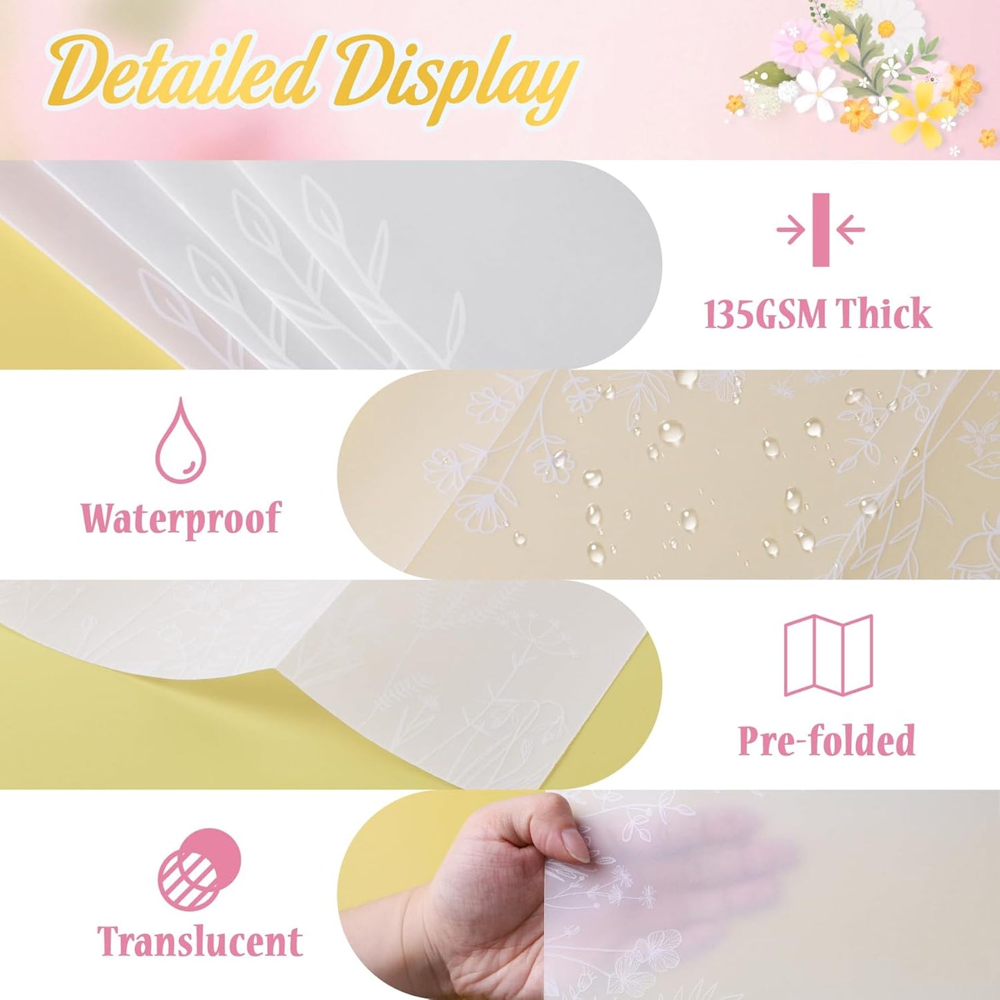 HAUTOCO 50 Pack Vellum Jackets for 5x7 Invitations, Pre-Folded Translucent 135GSM Vellum Paper Wraps, White Flower Envelope Liners Wedding Invitations Accessories