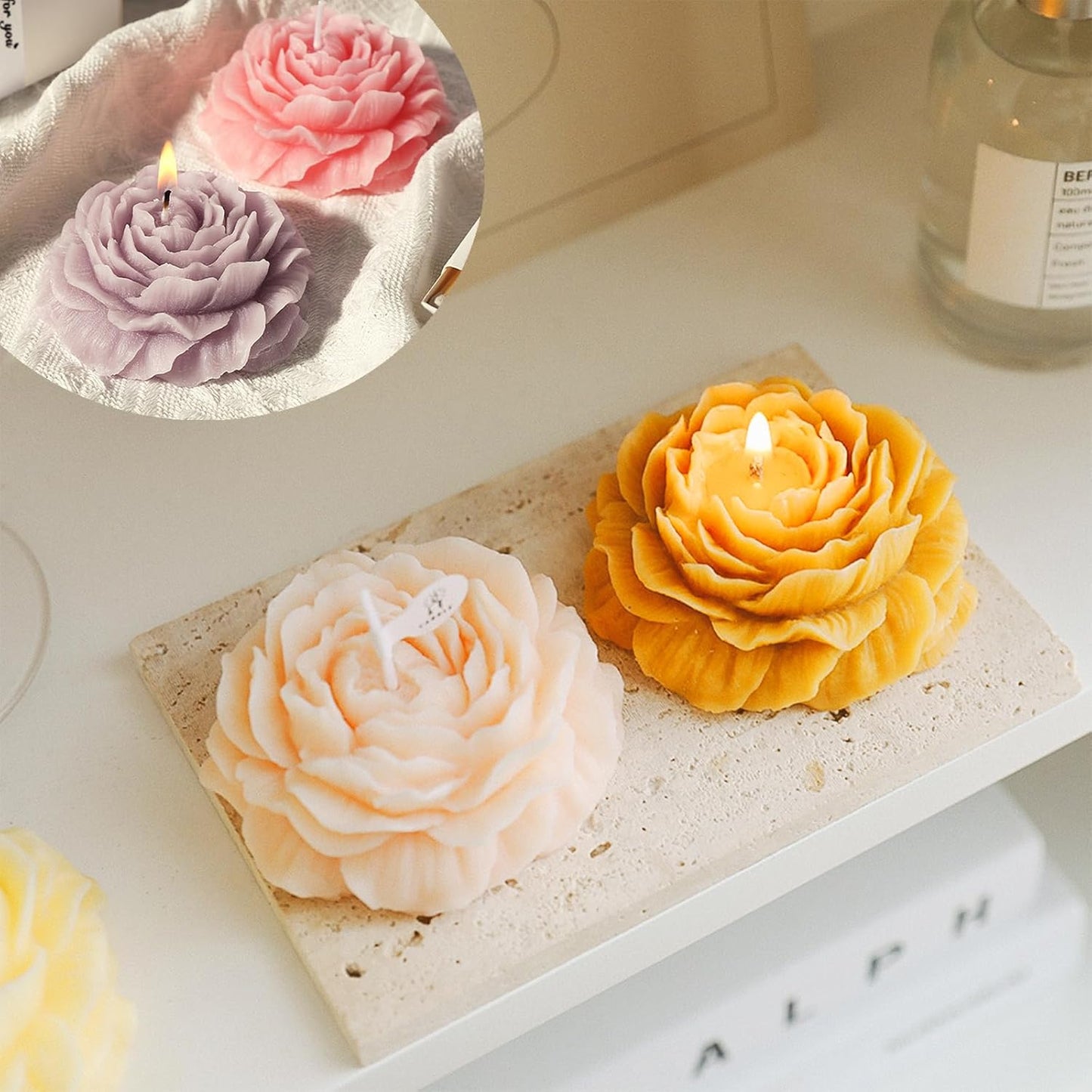 Peony Flower Silicone Candle Molds, 3 Cavity Flower Mold for Soap Candle Making Epoxy Resin Clay Plaster Crafts Casting Home Decor Handmade Gifts