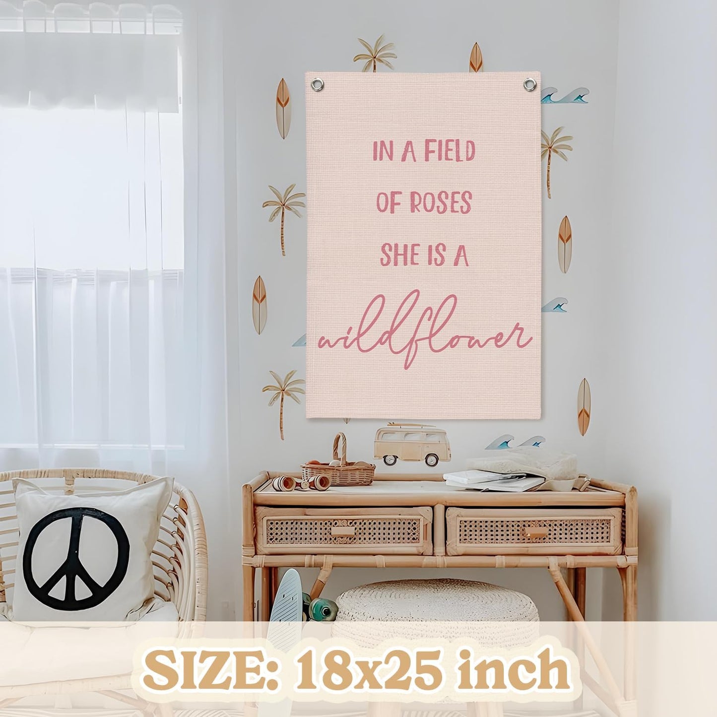 Nursery Decor,Girls Room Decor,Pink Linen Canvas Banner,In a Field Full of Roses She Is a Wildflower Nursery Decor Wall Hanging Flag for Playroom Bedroom Little Girl Room 18x25 Inch