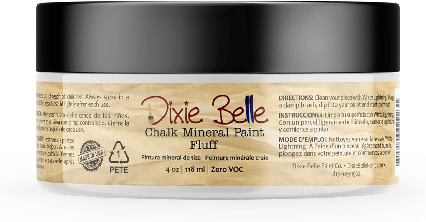 Dixie Belle Paint Company Chalk Finish Furniture Paint - Fluff (4oz) - Matte Soft White Chic Chalk Mineral DIY Furniture Paint