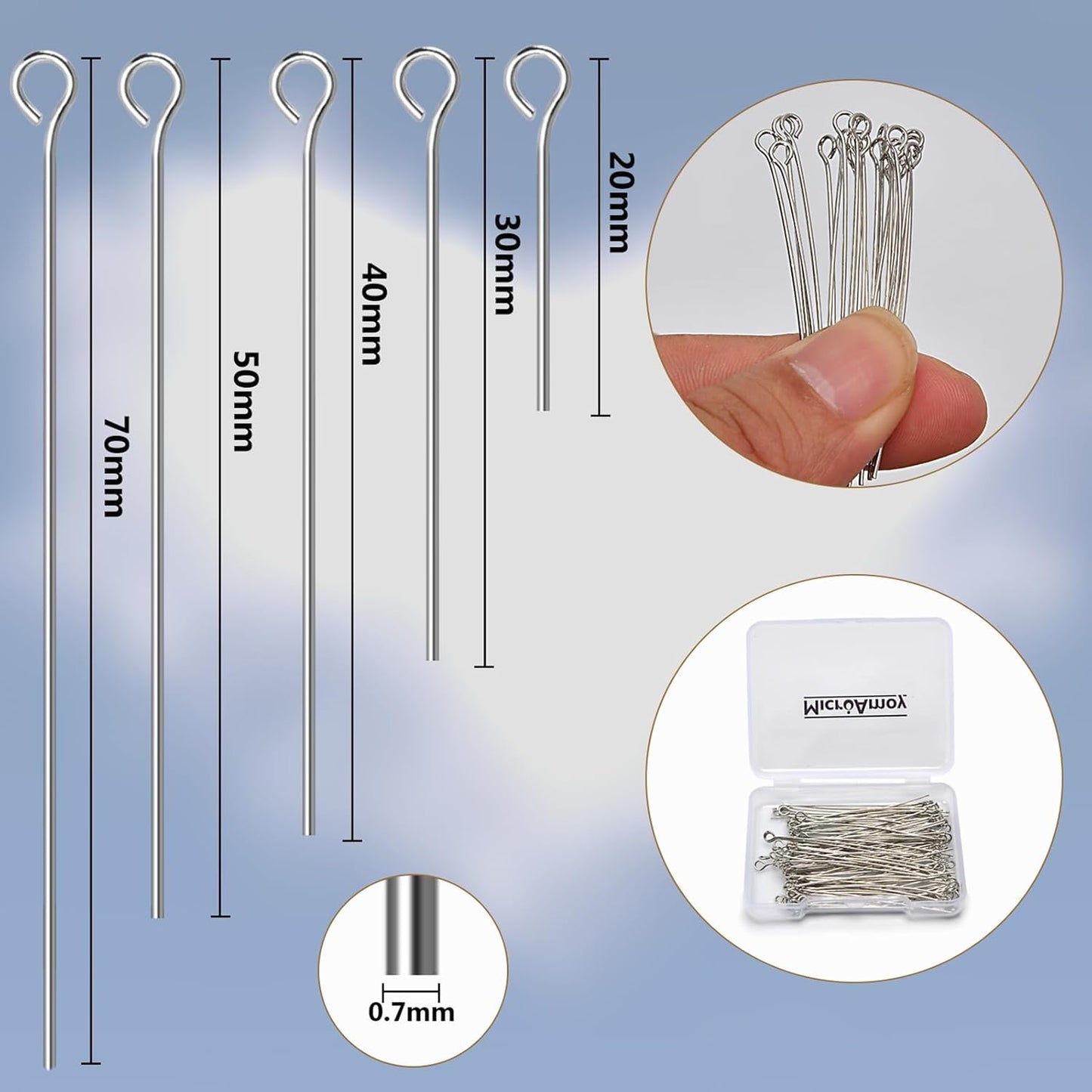 150pcs Silver Filled Eye Pins Non Tarnish Craft Earring Bracelet Jewelry Making Accessories Supplies (40mm (1.57in), Silver-Eye Pin)