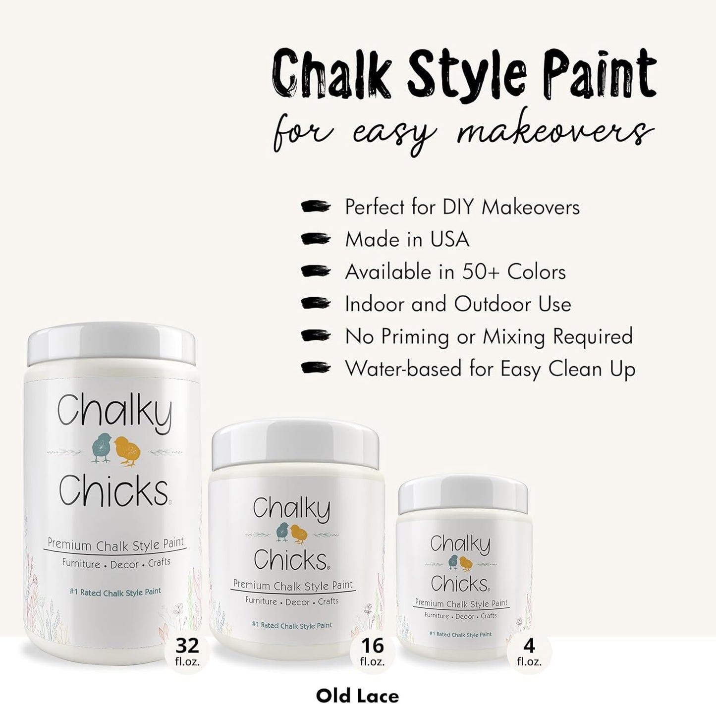 Chalky Chicks All-in-One Chalk Paint for Furniture or Cabinet - 32 Fl Oz - Matte Finish Old Lace (Off White) for Metal, Wood Furniture Paint - No Sanding All-in-One for Home Decor & Crafts, USA Made