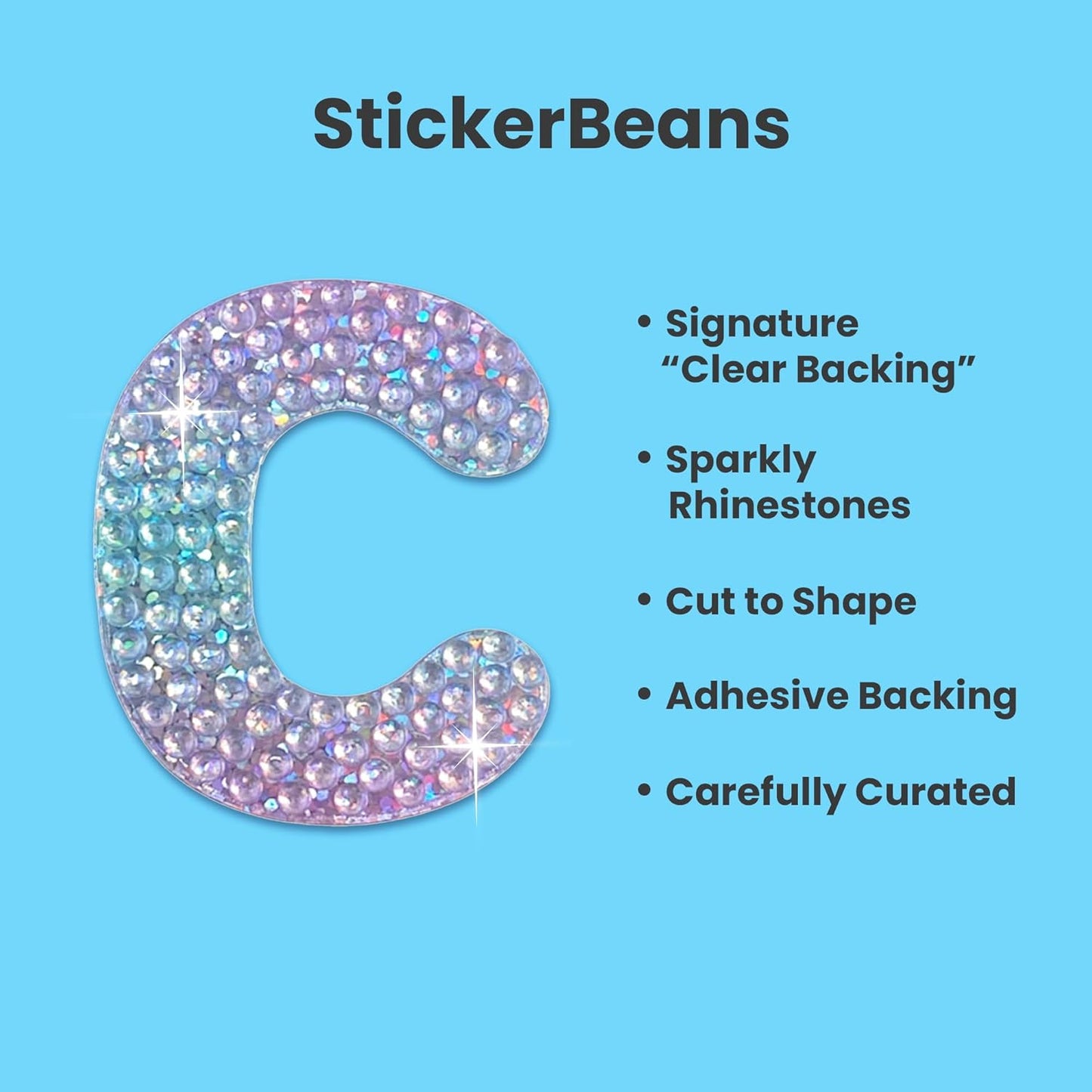 StickerBeans® Rhinestone Alphabet Letter Sticker C - Unique Sparkly Design 2” x 2” Cut-to-Shape Adhesive - Personalization, Collecting, Gifting, Scrapbooking, Decorating Laptops, Phone Cases, All Ages