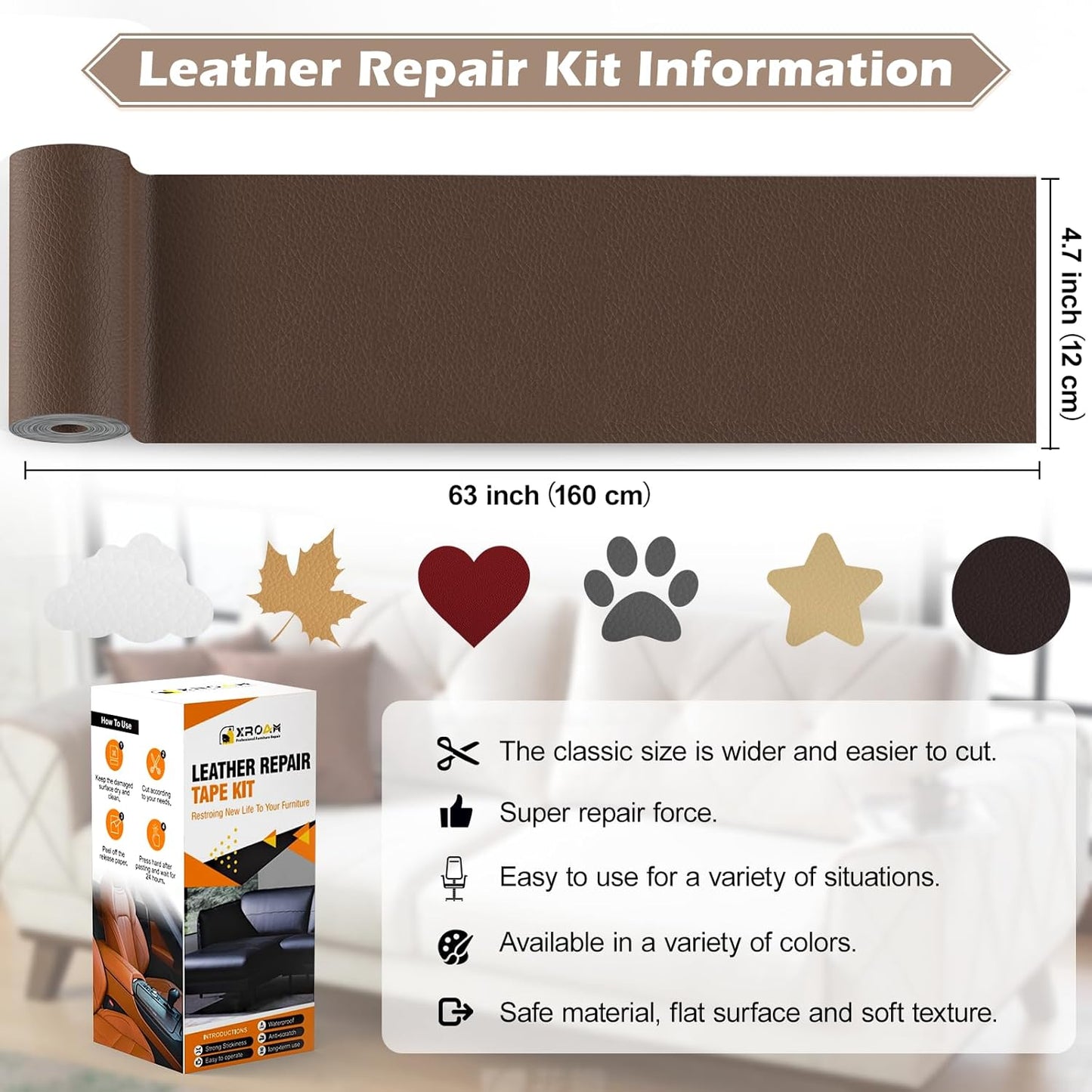 Leather Repair Tape, 4.7x63 inch Leather Patches for Furniture, Self Adhesive Leather Repair Patch for Sofas, Couches, Leather Covers, Seats, Chairs, Vinyl Repair Tape Dark Brown-Fine Grain