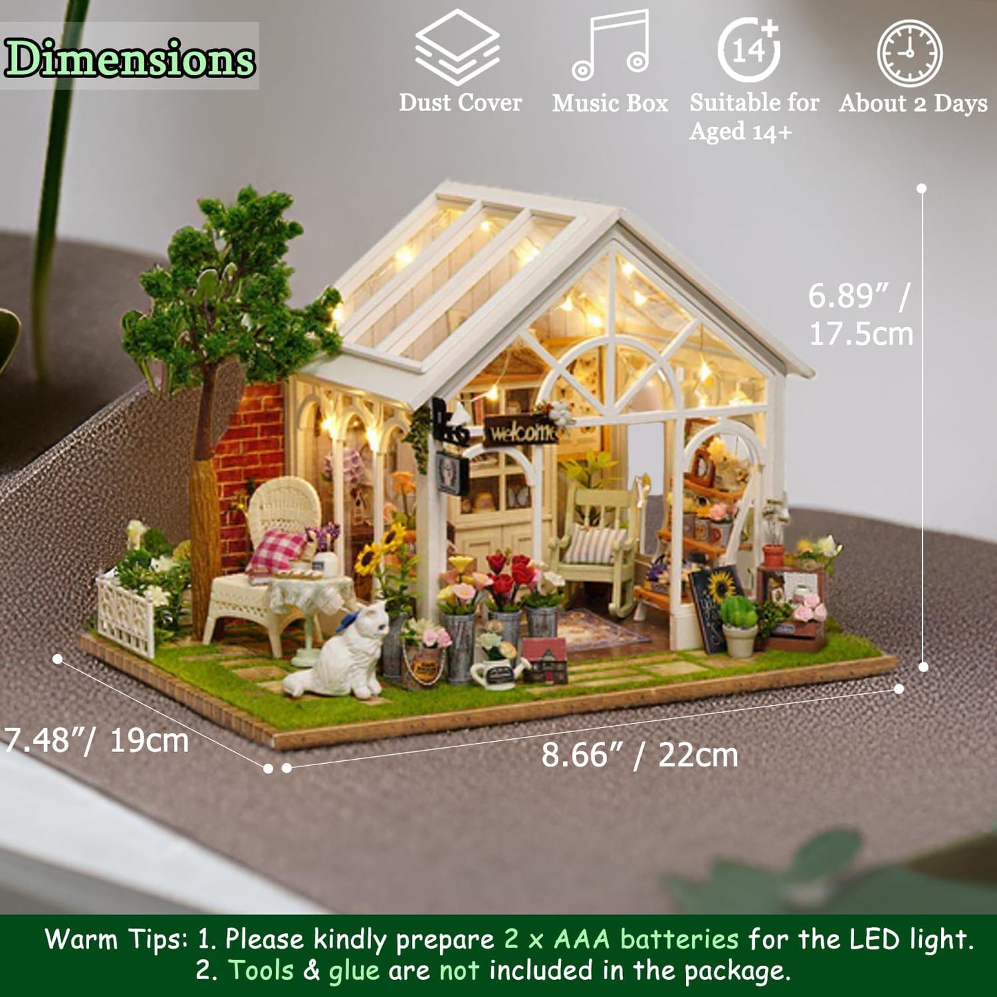 TuKIIE DIY Miniature Dollhouse Kit with Furniture, 1:24 Scale Creative Room Wooden Doll House Plus Dust Proof & Music Movement for Kids Teens Adults(Sunshine Greenhouse)