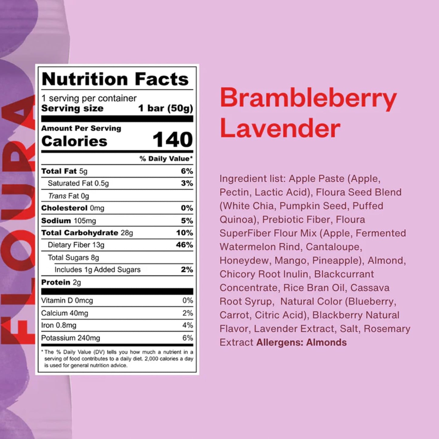 Floura Brambleberry Lavender Fruit-Forward Fiber Bars– High Fiber, Vegan, Gluten & Dairy Free, Low Calorie Healthy Snack Bars with Upcycled Produce for Gut Health [10 Pack]
