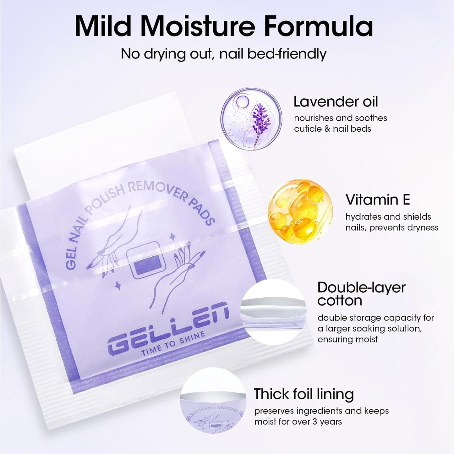 Gellen 200 Pack Nail Polish Remover Pads, 100% Non-Acetone, Travel Individually Wrapped Remover Pads for Regular Nail Polishes & Gel Polish, Lavender Oil No Drying Out for Home Salon