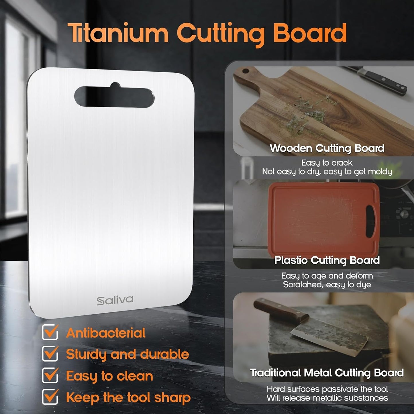 Saliva 3pcs Titanium Cutting Board for Kitchen, Titanium Cutting Boards Set of 3, Non Toxic Double Sided Food Grade, Dishwasher Safe, No Blunt Knife, Chopping Boards with Handle for Meat & Vegetable