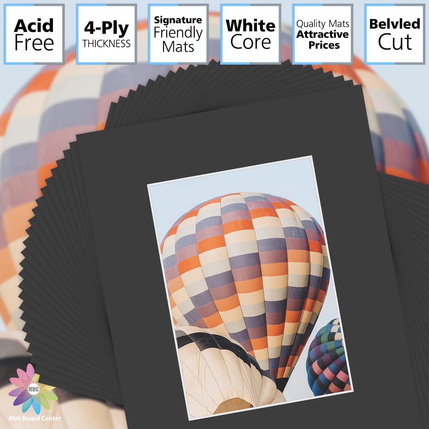 Mat Board Center, Pack of 25, 8x10 for 5x7 Black Picture Mat Sets - Acid Free, 4-ply Thickness, Bevel Pre-Cut White Core - Includes Backing Boards and Clear Bags - for Pictures, Photos, Framing