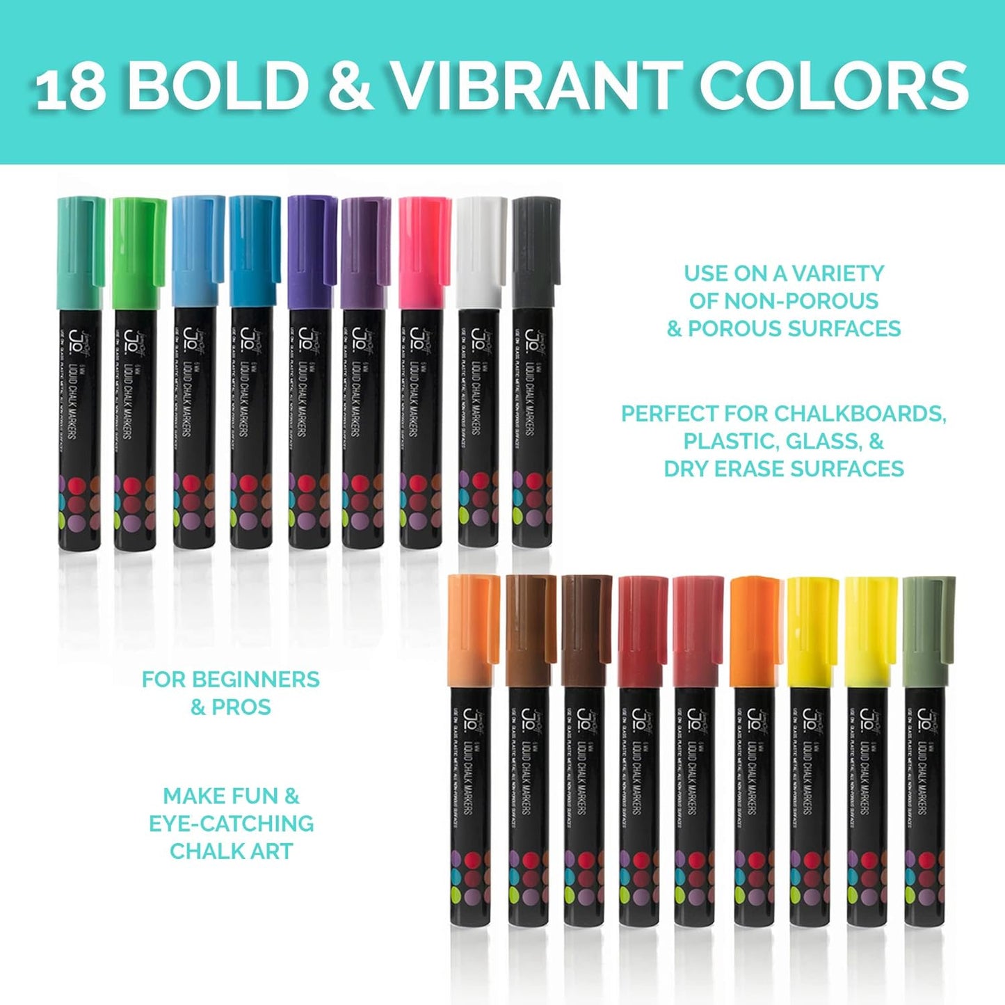 JumpOff Jo – Liquid Chalk Markers – Reversible Chisel and Round Tip – Multi Color (18)