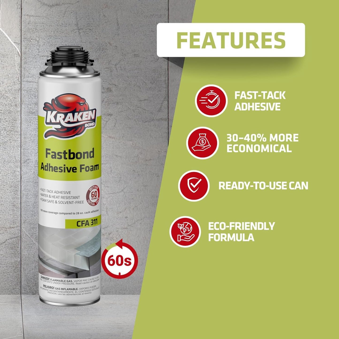 Kraken Bond Fastbond Spray Foam Adhesive (2x24oz.) - Heavy Duty Construction Adhesive for Insulation, Wall & Facade, Concrete, Stone, Subfloor, XPS & EPS Foam Board, Gun Not Included | 2 Pack