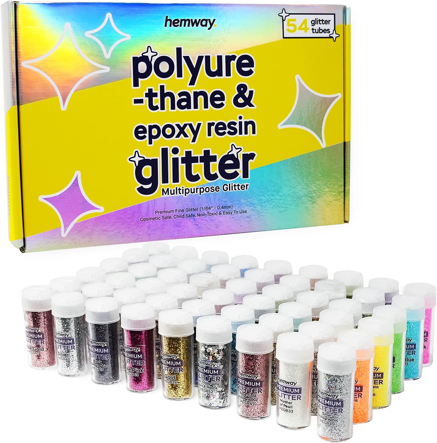 Hemway Polyurethane & Epoxy Resin Glitter Box (Pack of 54) | Fine Metallic Flakes Shaker Set for Arts & Crafts | Assorted Colour Craft Supplies for Making Cards, Jewellery, Tumblers & Coasters