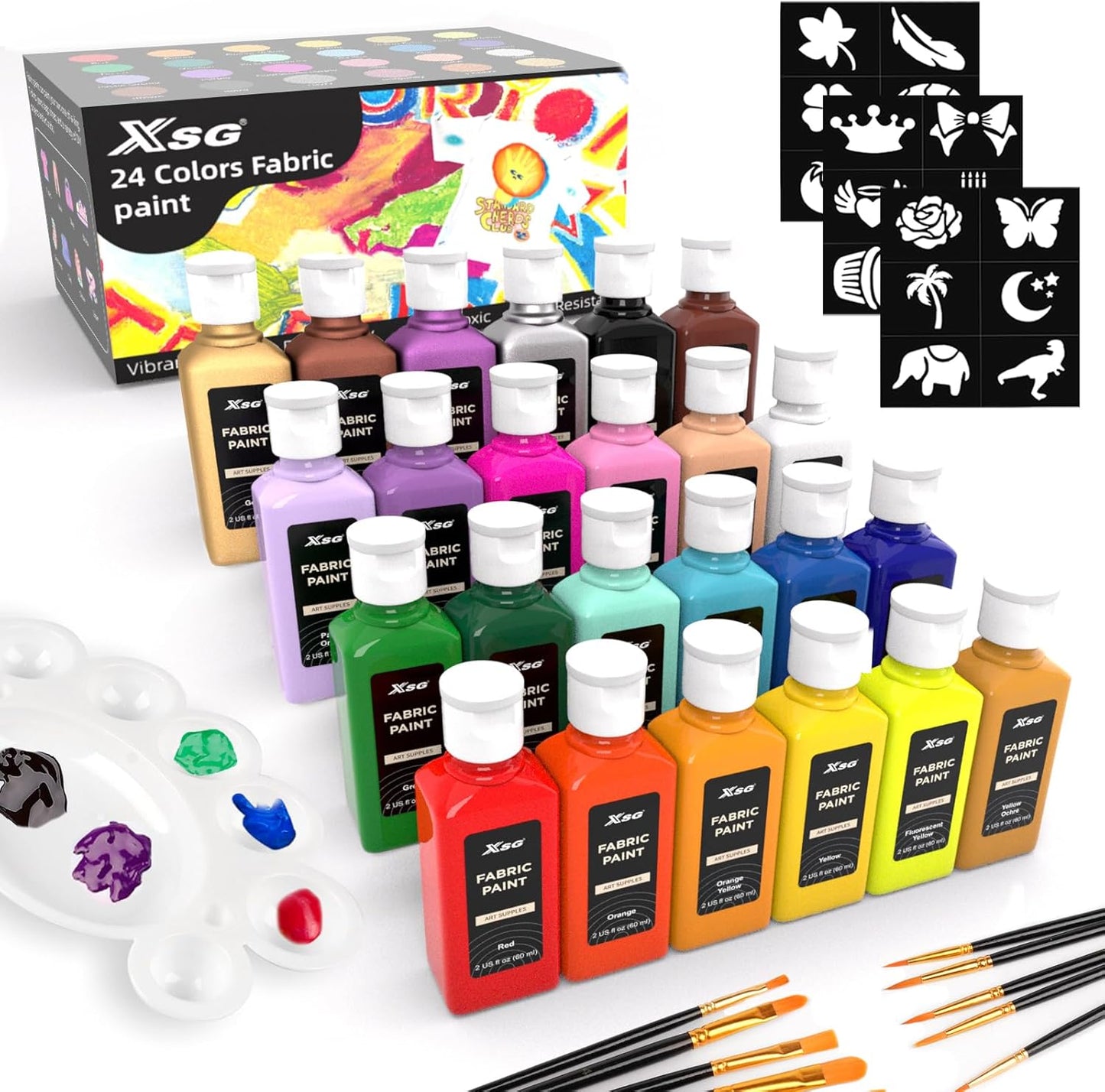 24 Colors Fabric Paint For Clothes Permanent, Soft Fabric Paint in Bottles with 10 Brushes ，Stencils& Palette,Non-Toxic Textile Paint for Shoes，Jeans ，Bags& DlY Projects(60ml/2oz)