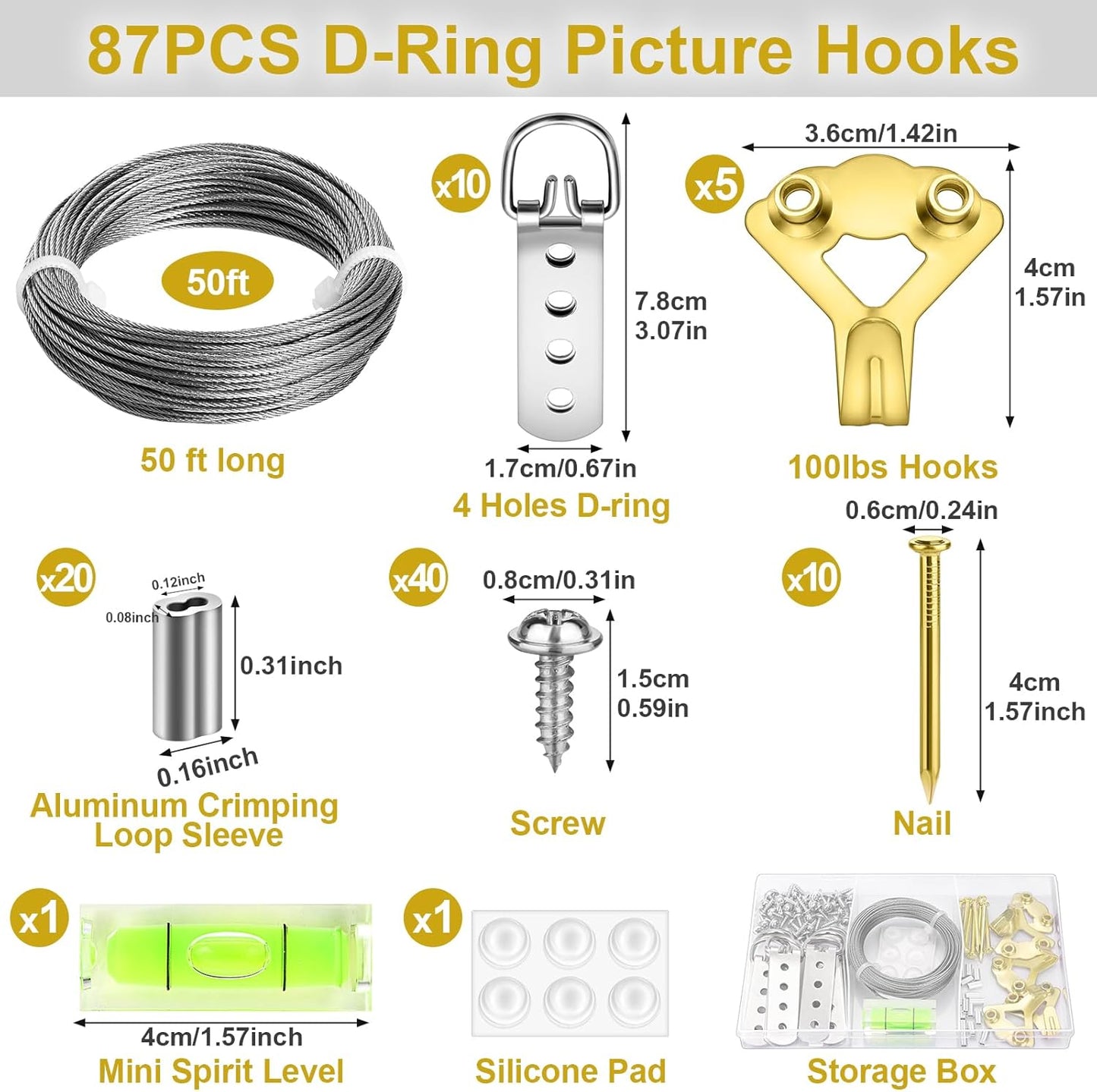 88Pcs Heavy Duty Picture Hanging Wire Kit, Include 50Ft Stainless Steel Wire Picture Hanging for Photo Mirror Frame, up to 110lbs, D Ring, Picture Hangers, Screws, Hanging Hooks, Nails, Level