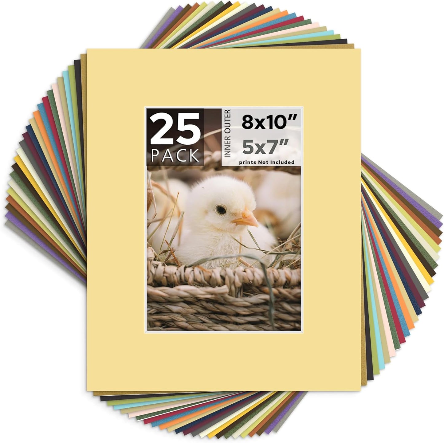 Mat Board Center, Pack of 25, 8x10 for 5x7 Mixed Color Mats - Acid Free, 4-ply Thickness, White Core - for Pictures, Photos, Framing