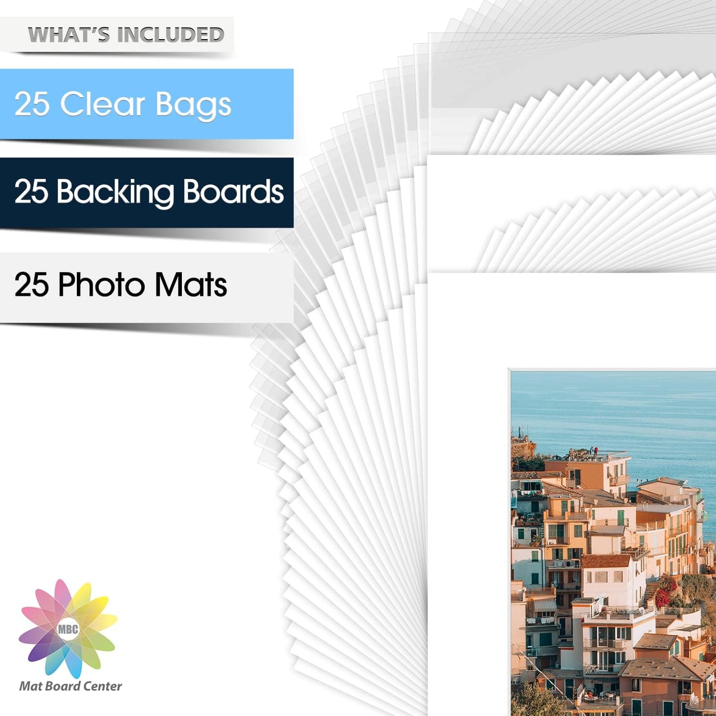 Mat Board Center, Pack of 25, 16x20 for 11x14 White Picture Mat Sets - Acid Free, 4-ply Thickness, Bevel Pre-Cut White Core - Includes Backing Boards and Clear Bags - for Pictures, Photos, Framing