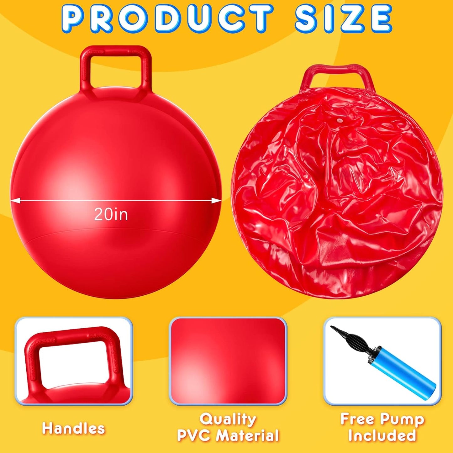 Lewtemi 3 Pcs 20 Inch Bouncing Ball with Handle, Outdoors Hopper Jumping Hopping Ball and Air Pump for Sports Exercise (Red, Blue, Yellow)