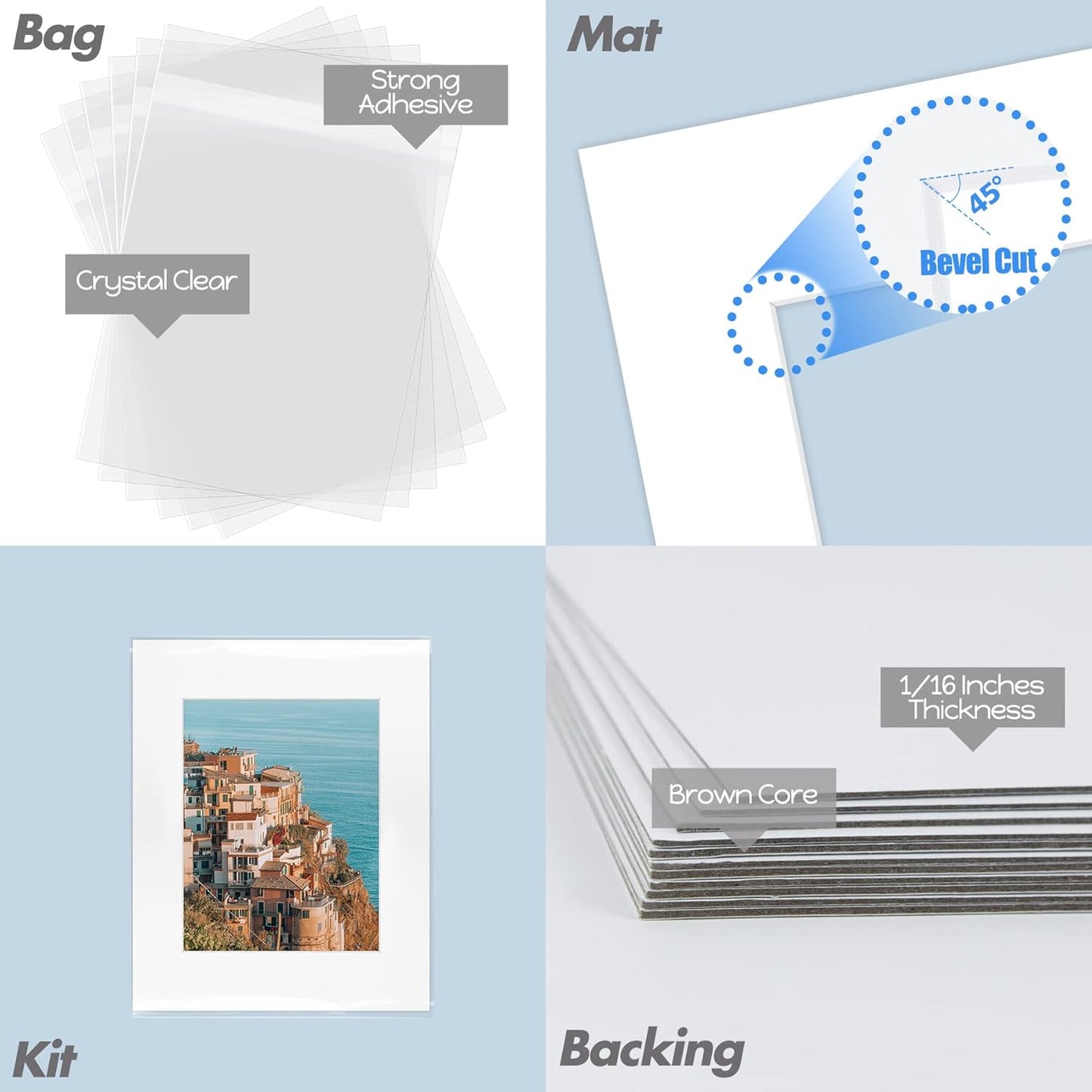 Mat Board Center, Pack of 25, 16x20 for 11x14 White Picture Mat Sets - Acid Free, 4-ply Thickness, Bevel Pre-Cut White Core - Includes Backing Boards and Clear Bags - for Pictures, Photos, Framing