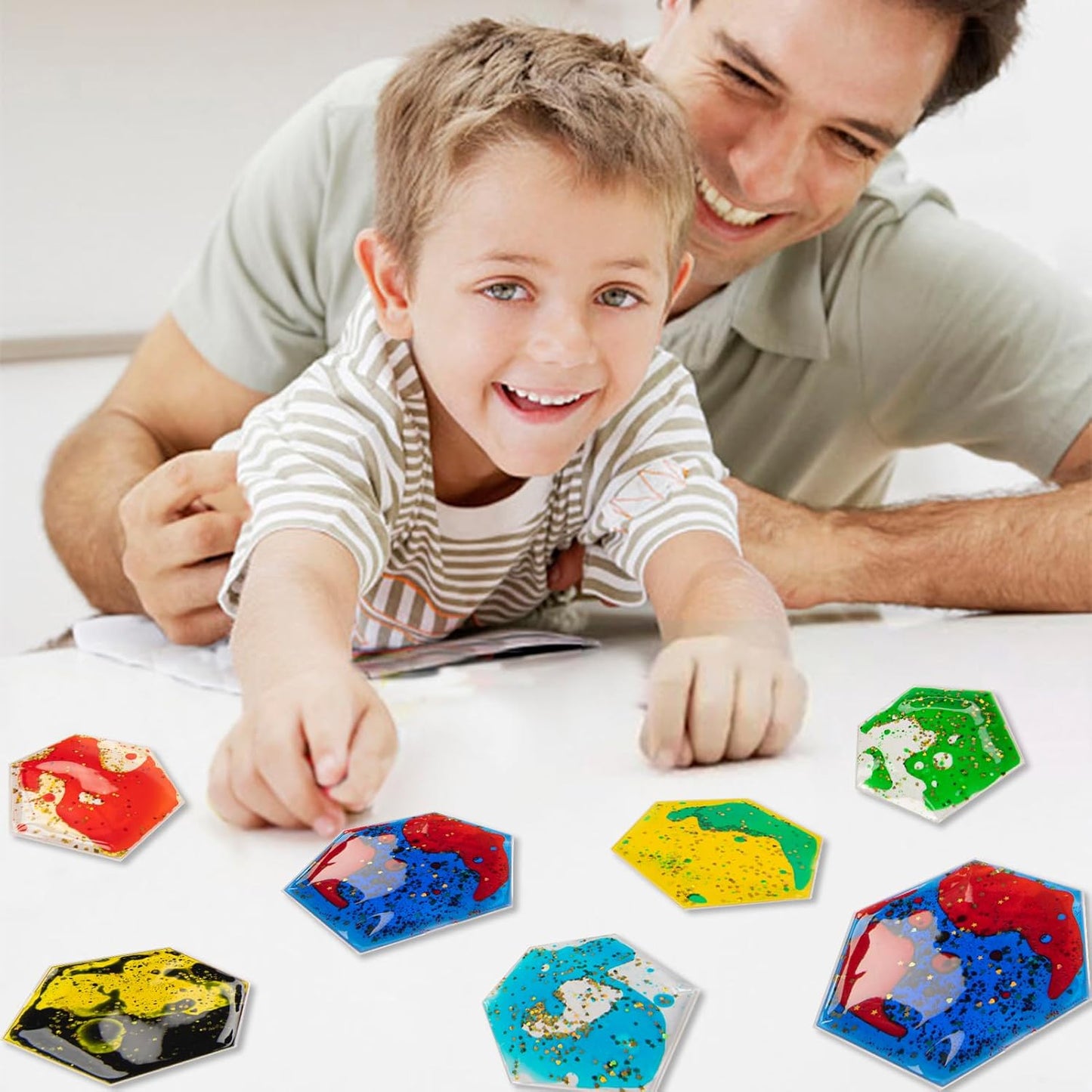 Art3d Hexagon Sensory Fidget Liquid Motion Tiles for Kids, Toddler, Teens - Interactive Soft Gel Liquid Play Mats for Home, Schools, Playrooms, Multi-Pack of 6 Tiles