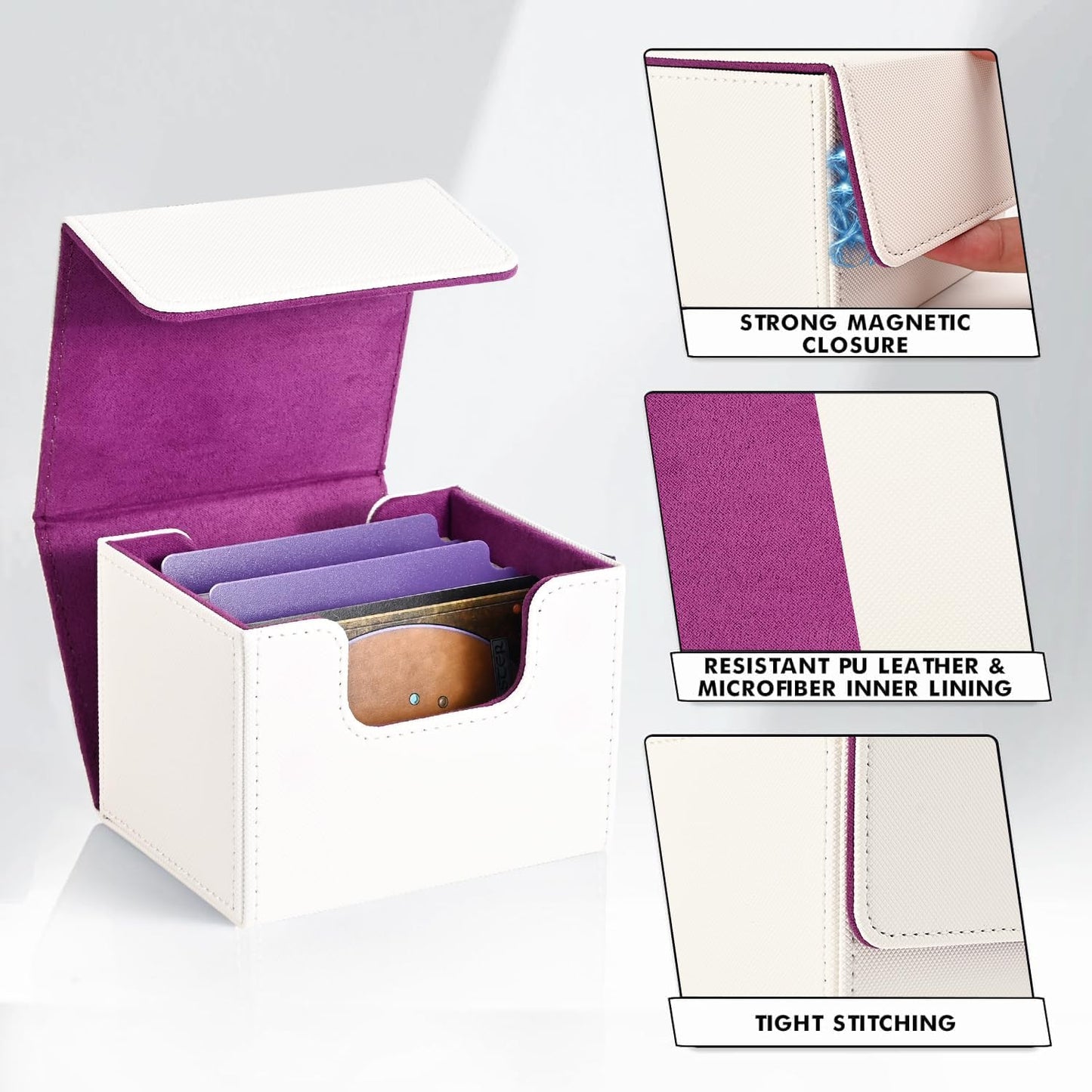 ZLCA Card Deck Box for Trading Cards, MTG Commander Deck Box Holds 120+ Single Sleeved, Leather Magnetic Card Storage Case Fits for TCG CCG Magic(White& Purple)