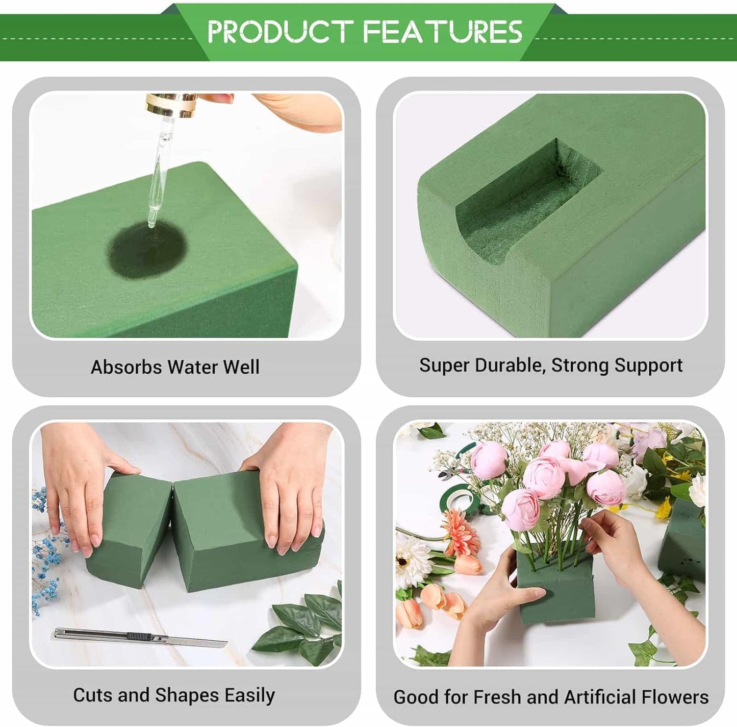 6 Pcs Floral Foam Blocks for Flower Arrangement (Larger Size 9” Lx4.3” Wx3” H) Wet and Dry Green Floral Foam for Wedding, Birthdays, Home Decorations