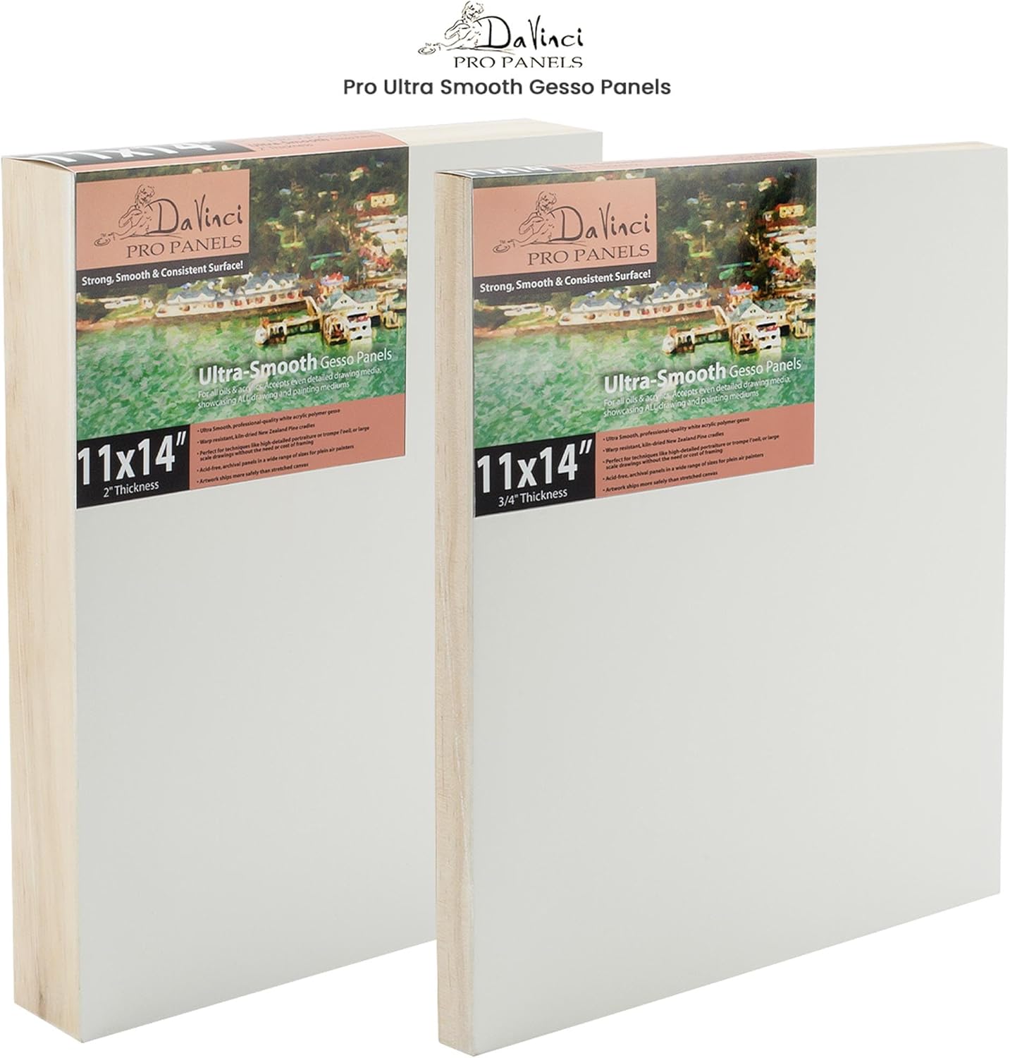 Da Vinci Pro Ultra Smooth Wood Canvas Gesso Board - 3/4" Deep, 14x18 Pack of 4 Single White Acrylic Polymer Gesso Panels for Painting Fine Portraits and Ultra Fine Detail Illustrations and Artwork