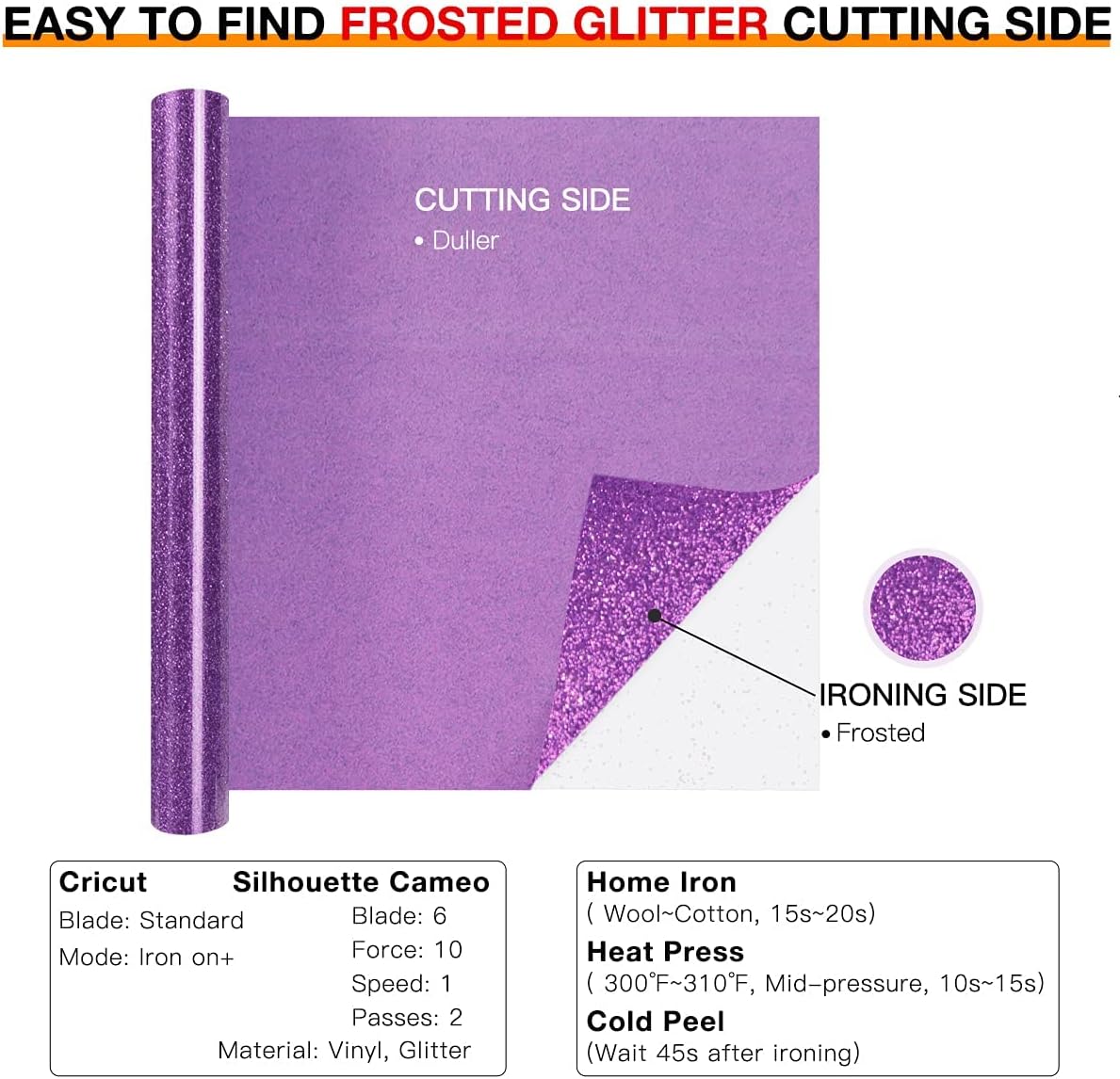 HTVRONT Purple Glitter HTV Heat Transfer Vinyl Rolls - 10" x 8ft Glitter HTV Vinyl for T-Shirts, Easy to Cut & Weed for Heat Vinyl Design