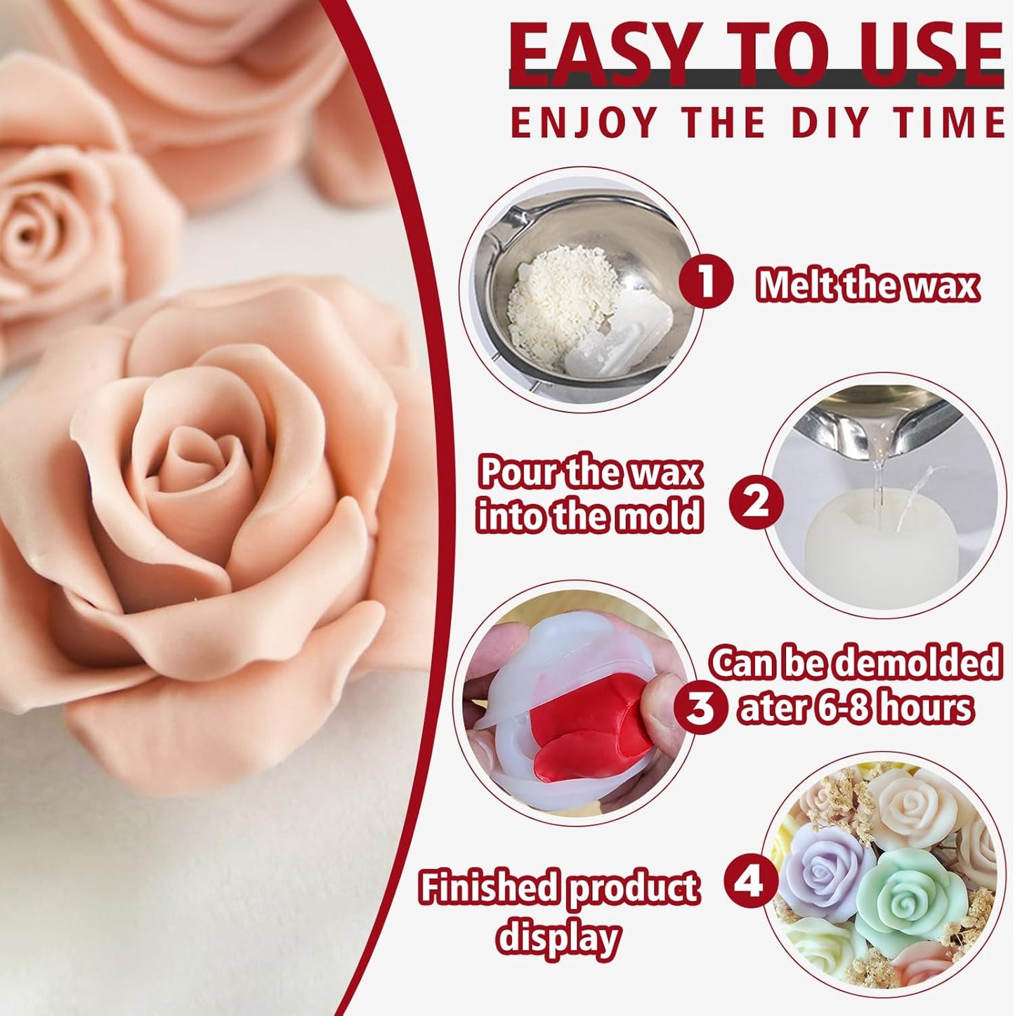 JDH 3 PCS Rose Flower Molds Flower Silicone Candle Mold Candle molds for Candle Making for DIY Scented Candle, Soy Wax, Cake, Soap, Resin Casting Craft Making