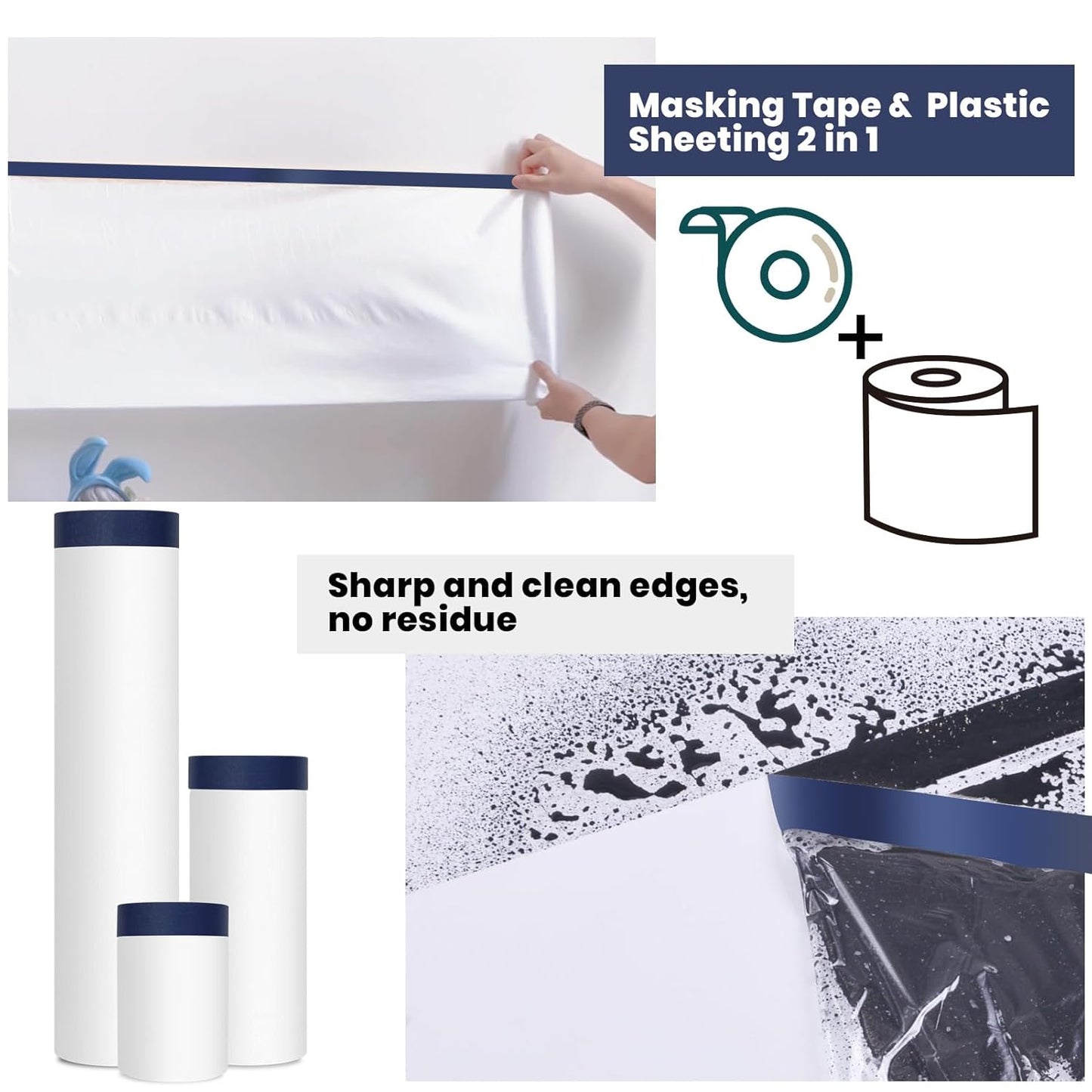 ADHES Painters Plastic with Tape, Painters Tape with Plastic Attached, Pre Taped Masking Film Tape and Drape for Automotive Painting Covering, 90 feet, 3 Sizes