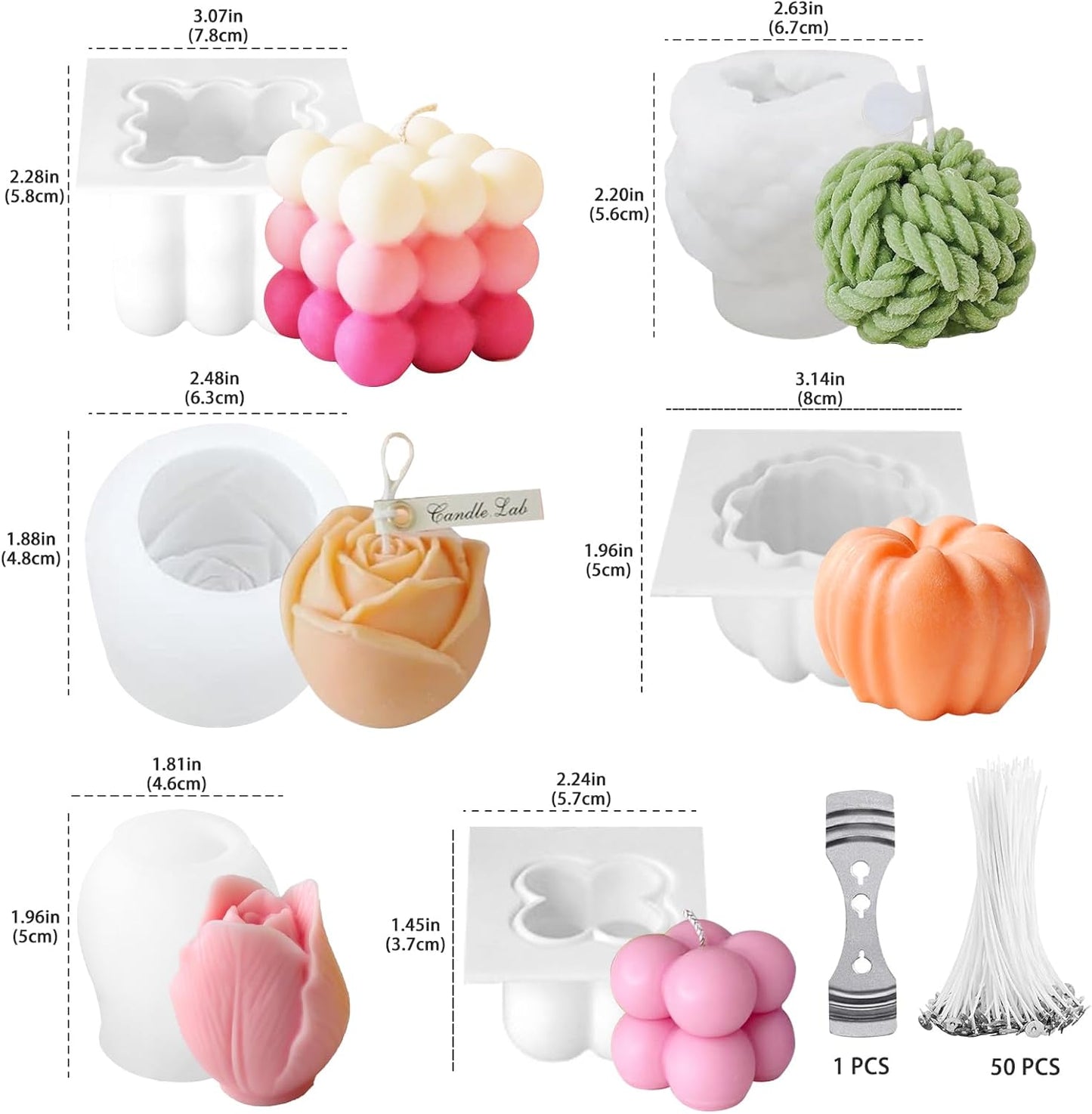 JDH 6Pcs Silicone Candle Molds Set for Candle Making,Yarn Ball Bubble Candle Molds, 3D Rose Silicone Mold,Cake Mold for Baking Desser Soap Casting Home Decor,for Soy Wax, Soap, DIY Scented Candle