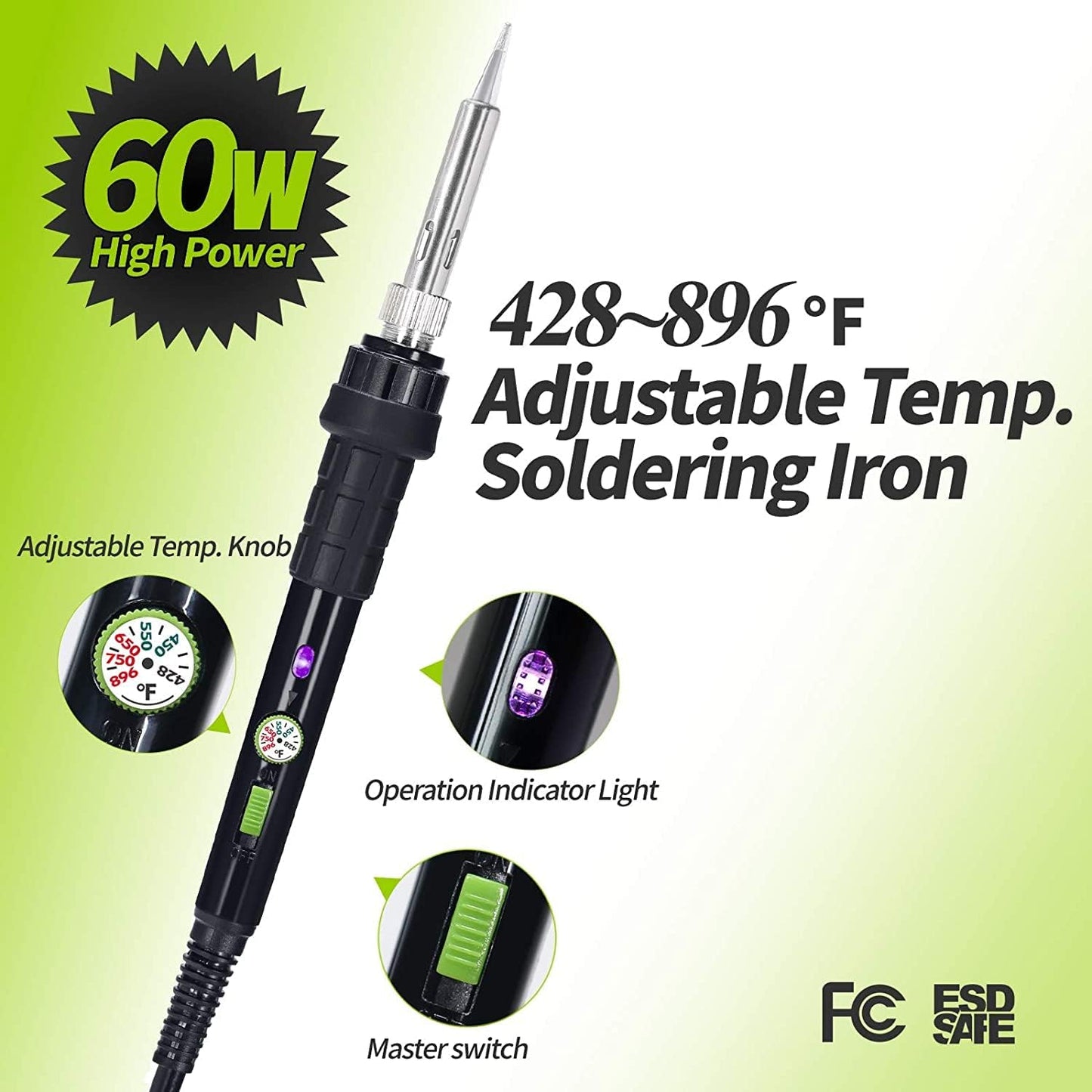 YIHUA 947-III 60W Soldering Iron Kit Temperature Adjustable 428-896°F 2-IN-1 Soldering Kit with Simple Soldering Iron Stand and Cleaning Sponge 110V US Power Plug