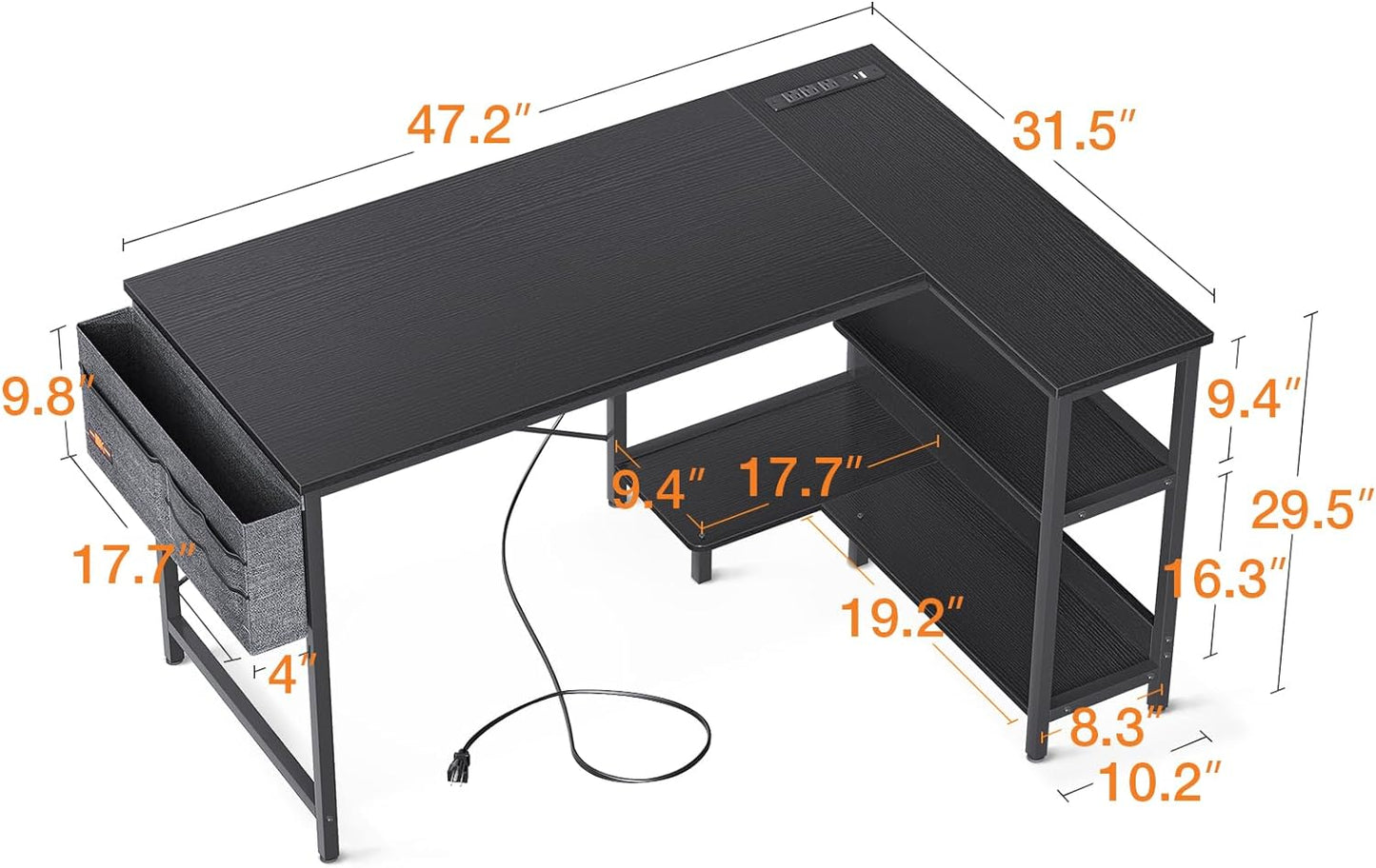 ODK 48 Inch Small L Shaped Gaming Computer Desk with Power Outlets, Reversible Storage Shelves & PC Stand for Home Office, Simple Writing Study Table with Storage Bag for Small Space, Black