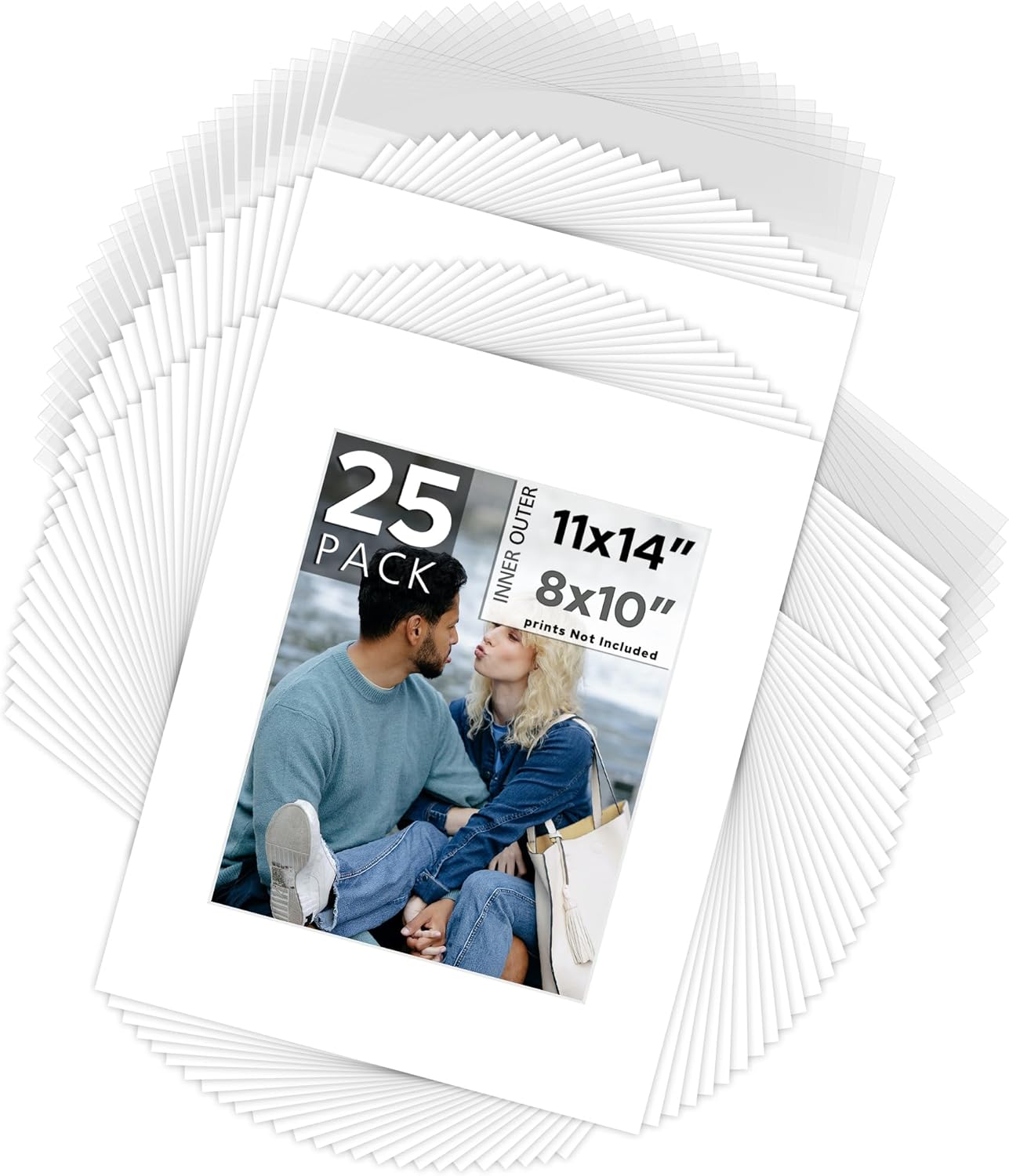 Mat Board Center, Pack of 25, 11x14 for 8x10 White Picture Mat Sets - Acid Free, 4-ply Thickness, Bevel Pre-Cut White Core - Includes Backing Boards and Clear Bags - for Pictures, Photos, Framing