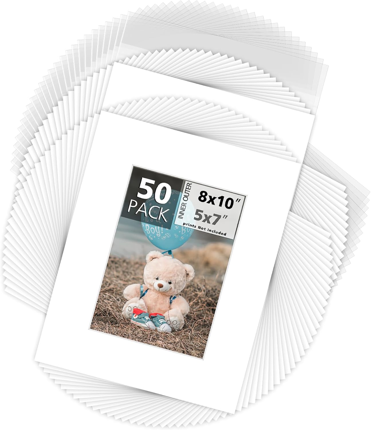 Mat Board Center, Pack of 50, 8x10 for 5x7 White Picture Mat Sets - Acid Free, 4-ply Thickness, Bevel Pre-Cut White Core - Includes Backing Boards and Clear Bags - for Pictures, Photos, Framing