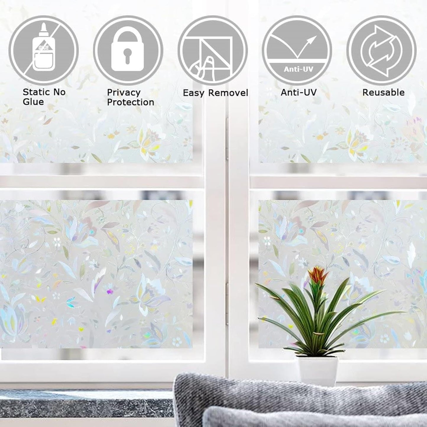 LEMON CLOUD Window Film, Decorative Window Privacy Film, 3D Stained Glass Window Sticker,Anti-UV Sun Blocker Heat Control for Home(Rainbow Tulip Design,29.5 x 78.7 inches)