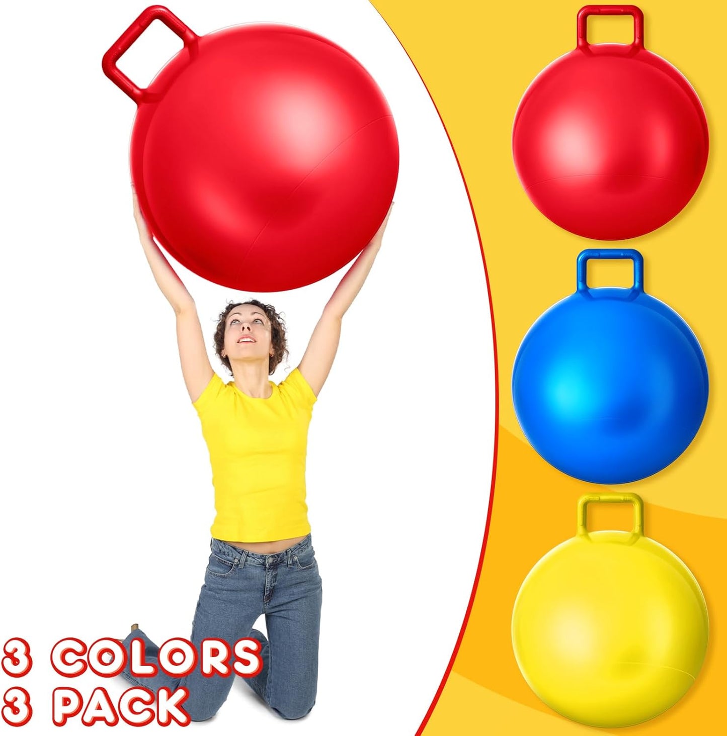 Lewtemi 3 Pcs 31 Inch Bouncing Ball with Handle, Outdoors Hopper Jumping Hopping Ball and Air Pump for Sports Exercise (Red, Blue, Yellow)