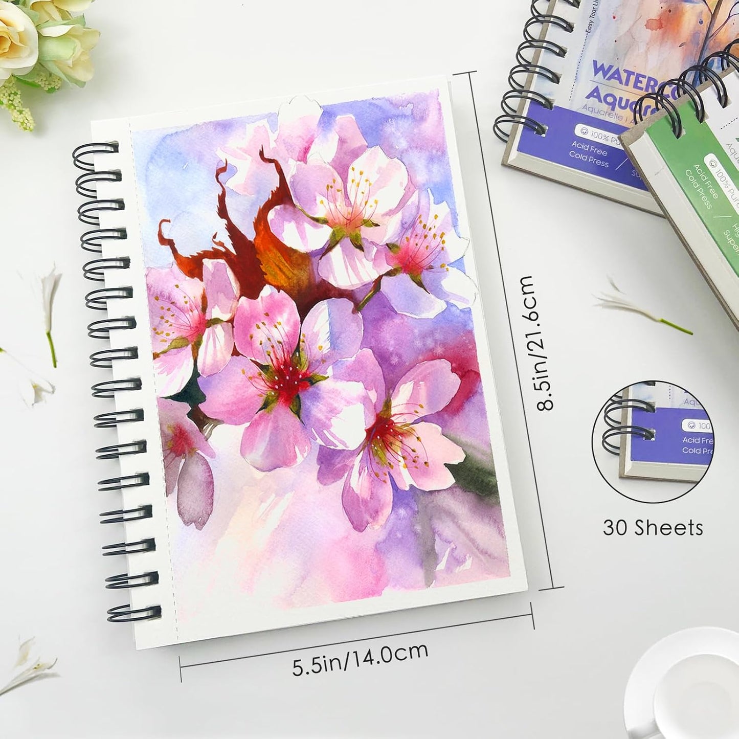 KOVIEDE 100% Cotton Watercolor Paper Pad - 30 Sheets 5.5"x8.5" Spiral Bound, 140lb/300gsm Cold Press Watercolor Sketchbook, Artist Quality Art Journal Supplies for Adults, Kids & Beginners, Pink